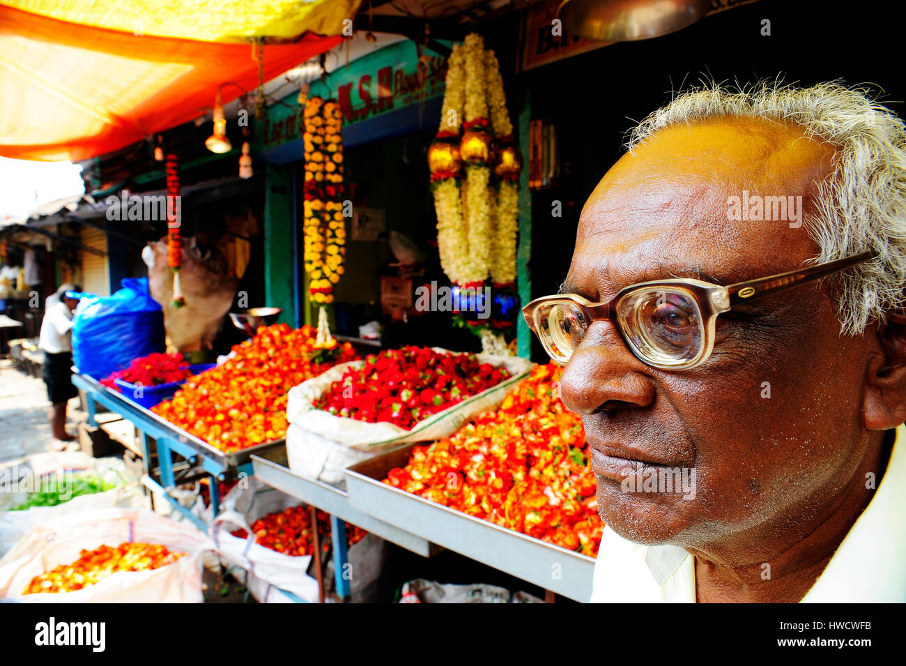 L'homme indien d'affaires sur le célèbre Marché aux Fleurs, Mysore Mysore, Karnataka, Inde Banque D'Images