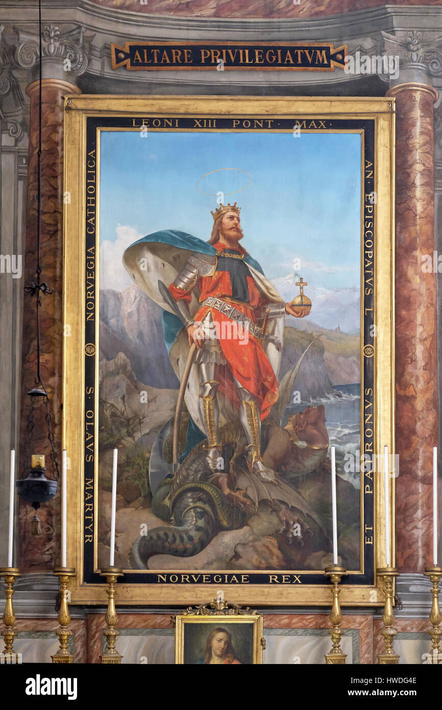 Saint Olav le roi de Norvège par Pie Adamowitsch Welonsky (1893) sur l'autel latéral de la basilique dei Santi Ambrogio e Carlo al Corso, Rome, Italie Banque D'Images