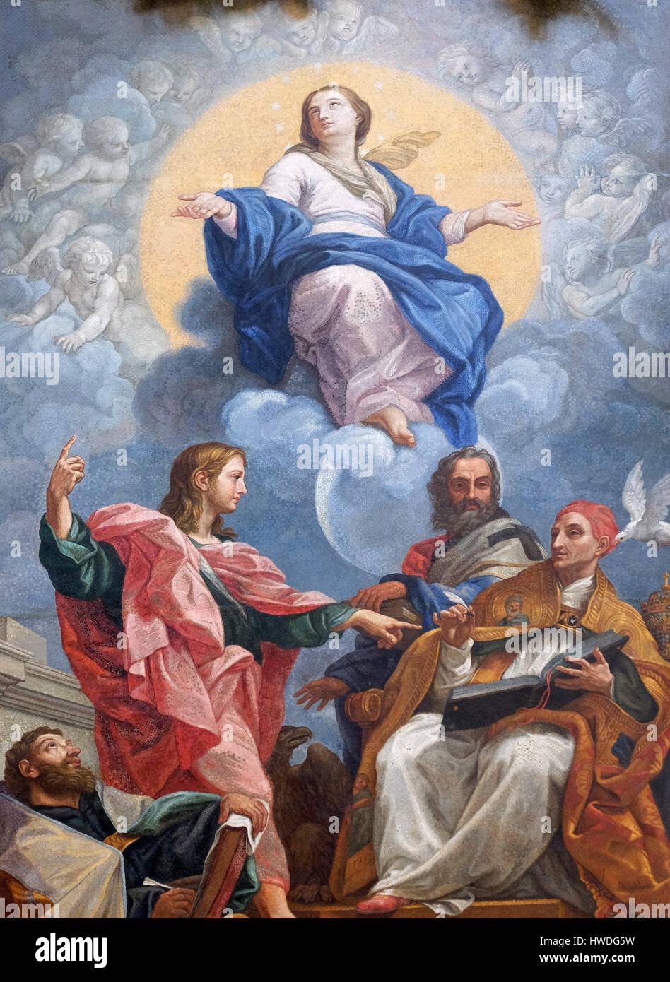 La glorification de la Vierge Marie avec saint Jean l'Evangéliste, Augustin, Jean Chrysostome et Grégoire le Grand, mosaïque de Carlo Maratta Banque D'Images