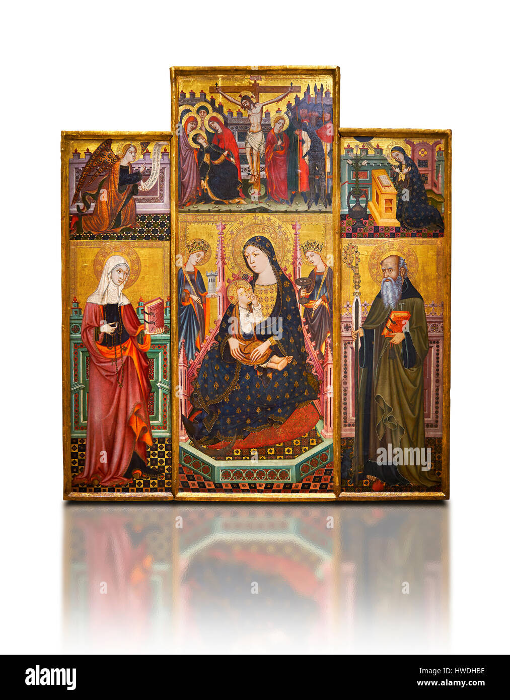 Panneau peint gothique Retable de la Vierge allaitant l'enfant, par l'atelier de Llorenc Saragosse.Musée National d'Art Catalan, Barcelone, Spai Banque D'Images