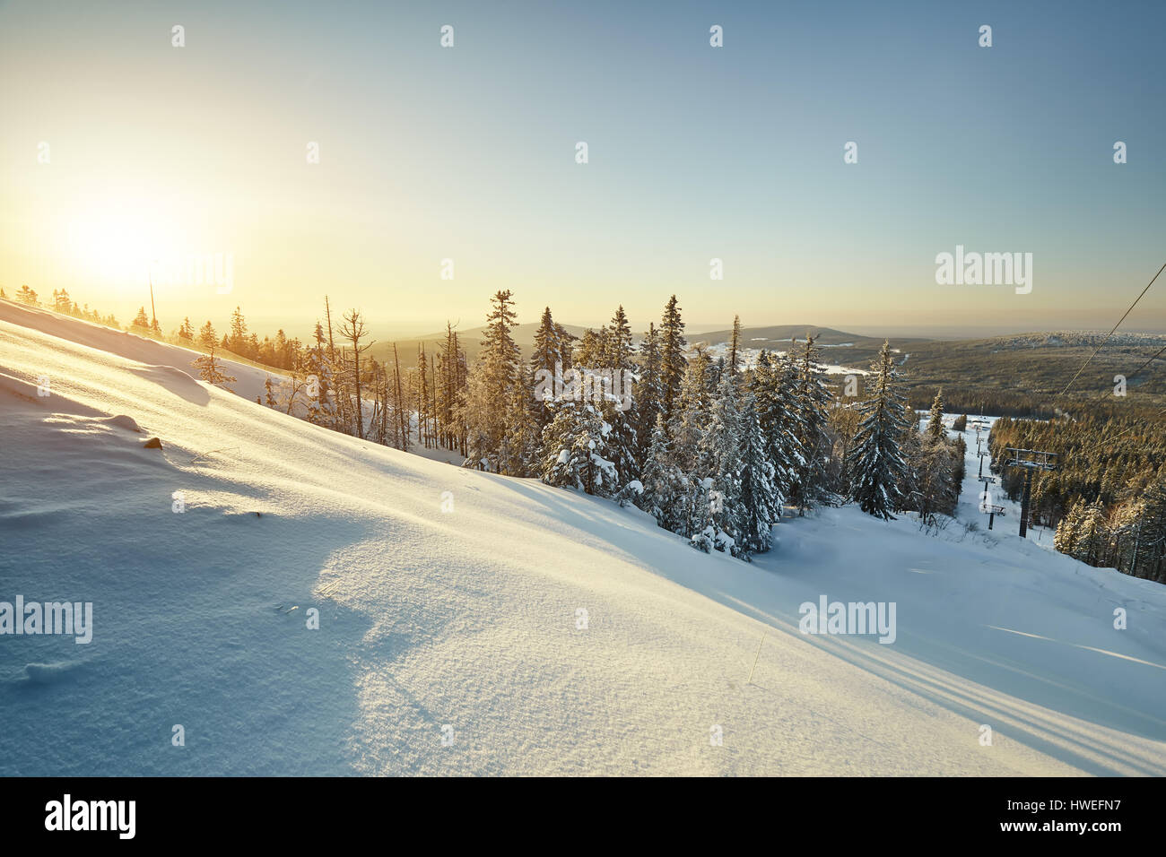 Conte de paysage d'hiver avec des arbres couverts de neige. Paysage d'hiver fantastique. Ciel dramatique. Beauty World. La forêt enneigée Banque D'Images