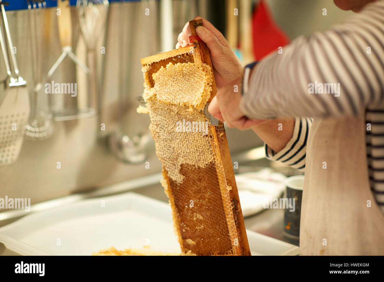 Portrait de femme dans la cuisine en nid d'éraflure de l'apiculteur Banque D'Images