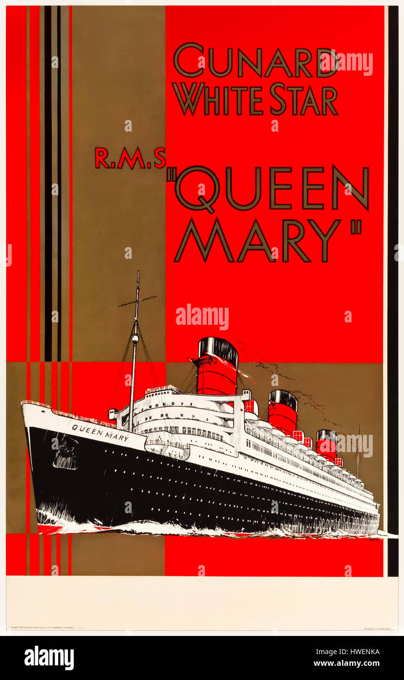RMS Queen Mary 1936 affiche publicitaire pour le paquebot capturé le ruban bleu au cours de cette année. Le navire était le navire amiral de l'Cunard-White Star Line hebdomadaire navigué de Southampton à New York. Poster design par William Howard Jarvis (1903-1964). Banque D'Images