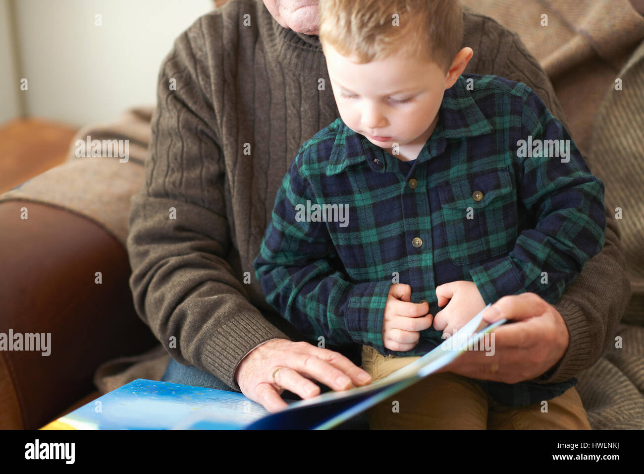 Garçon assis sur les genoux de grand-père reading book Banque D'Images