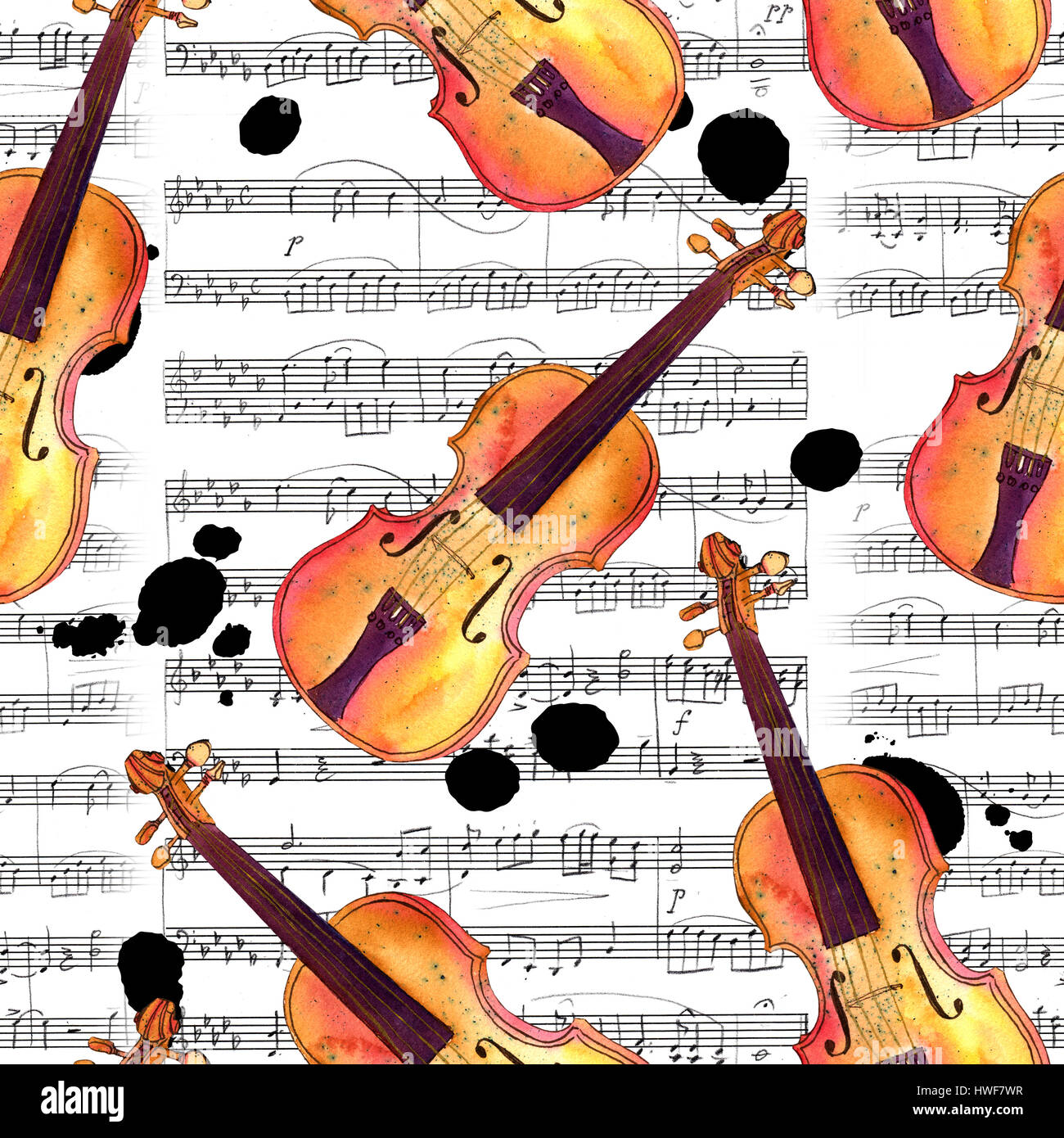 Un modèle avec fond transparent violons dessiné à la main sur la feuille de la musique avec les taches d'encre Banque D'Images