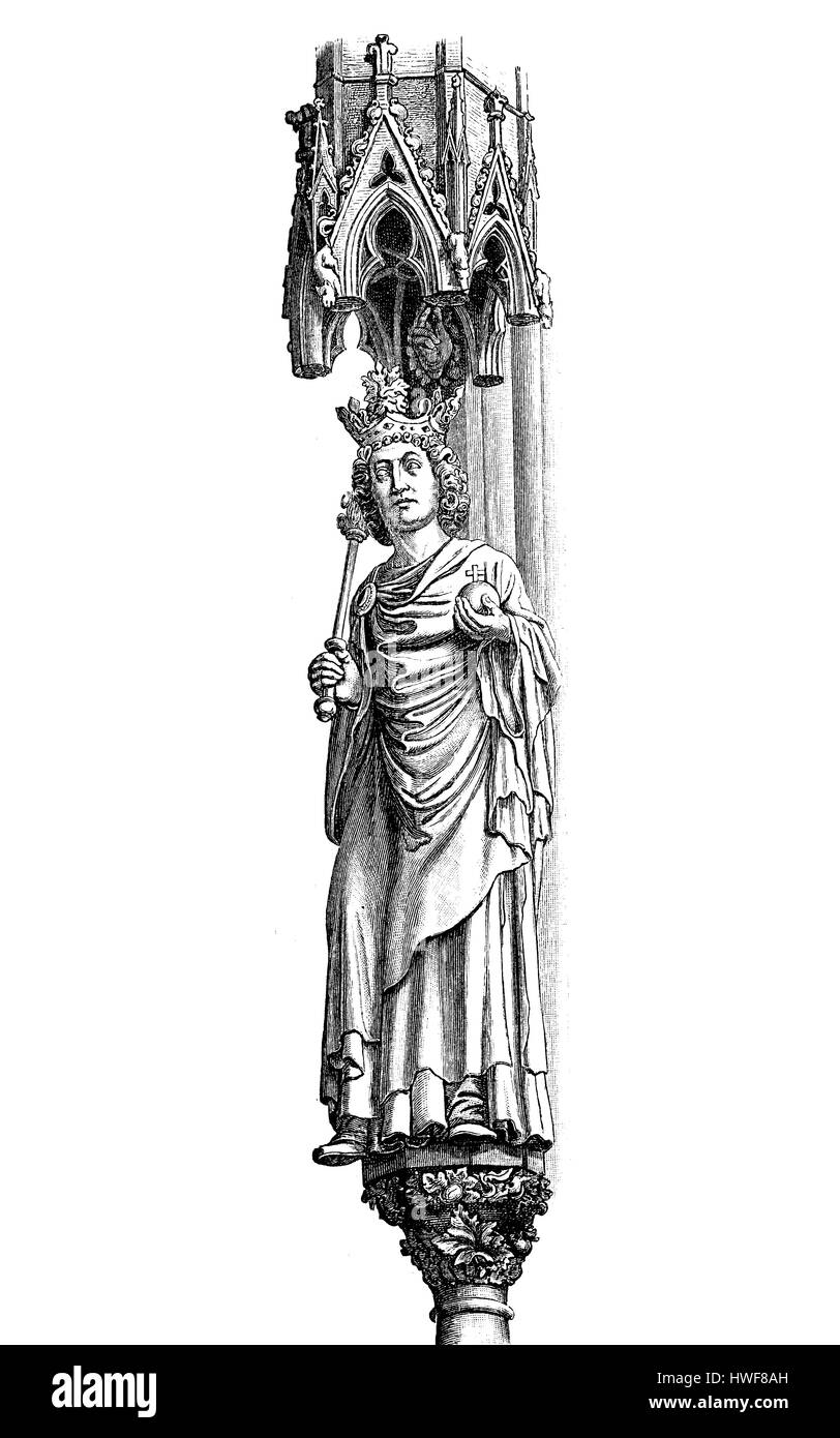 Statue d'Otton Ier le Grand empereur romain germanique et roi d'Allemagne avec sceptre, globe et couronne, la cathédrale de Magdebourg, X siècle Banque D'Images