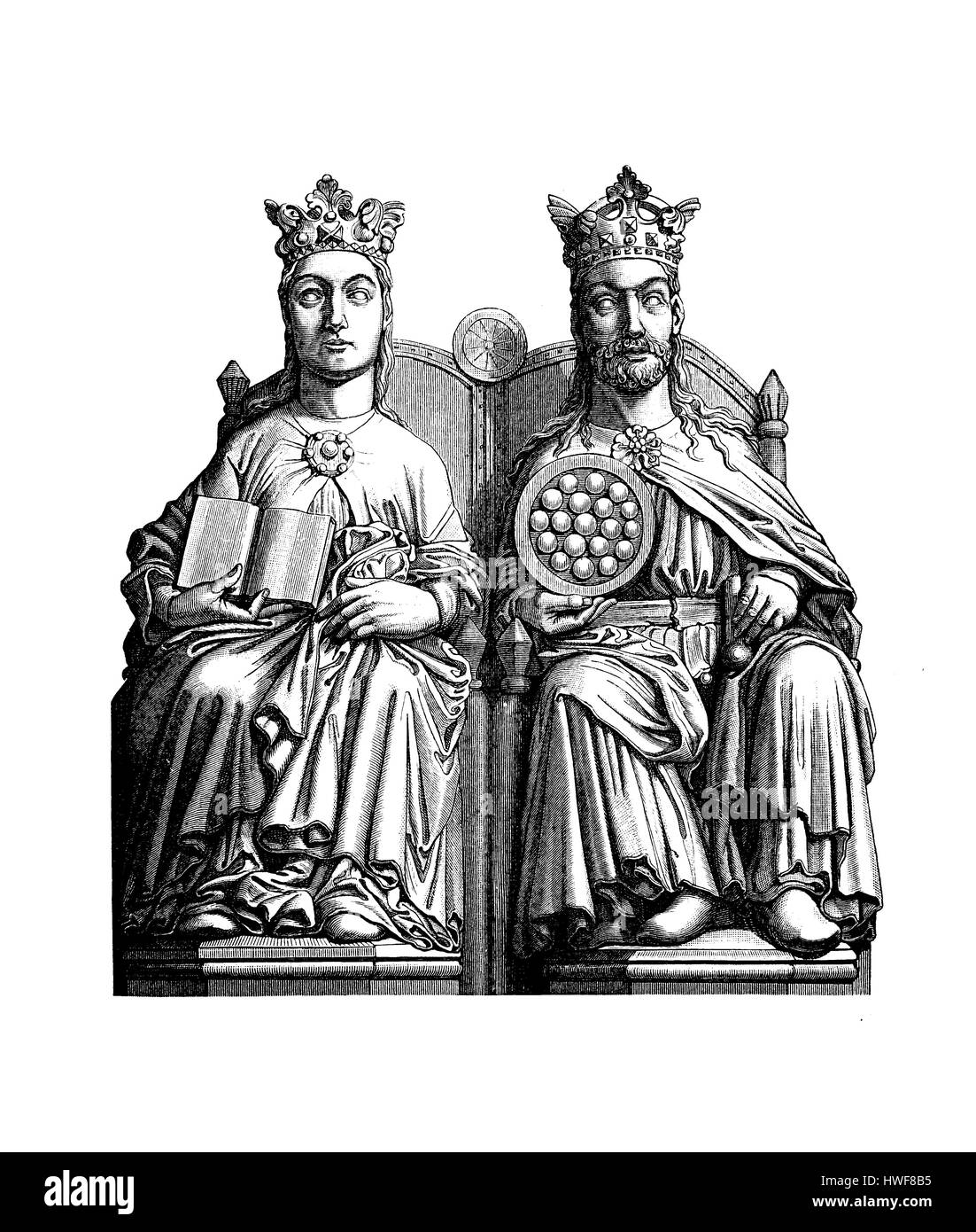 Statue d'Otton Ier le Grand empereur romain germanique et roi d'Allemagne sur le trône royal avec sa femme Edith de l'Angleterre, la cathédrale de Magdebourg, X siècle Banque D'Images