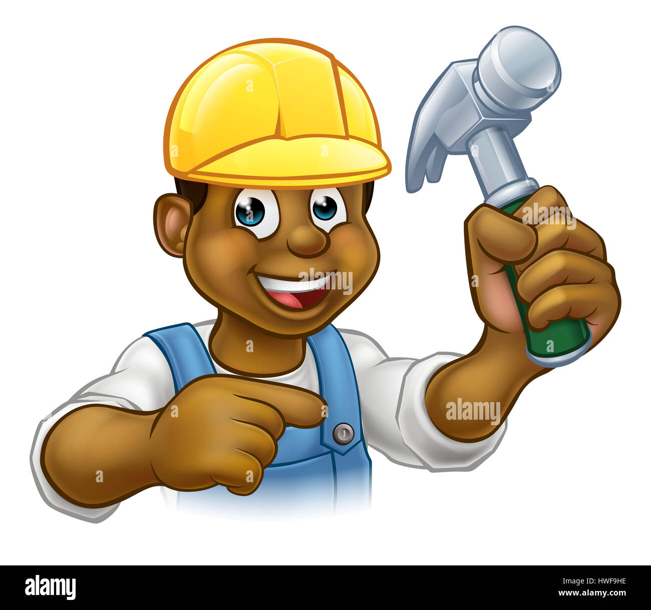 Un homme à carpenter personnage weraing un casque tenant un marteau et de pointage Banque D'Images