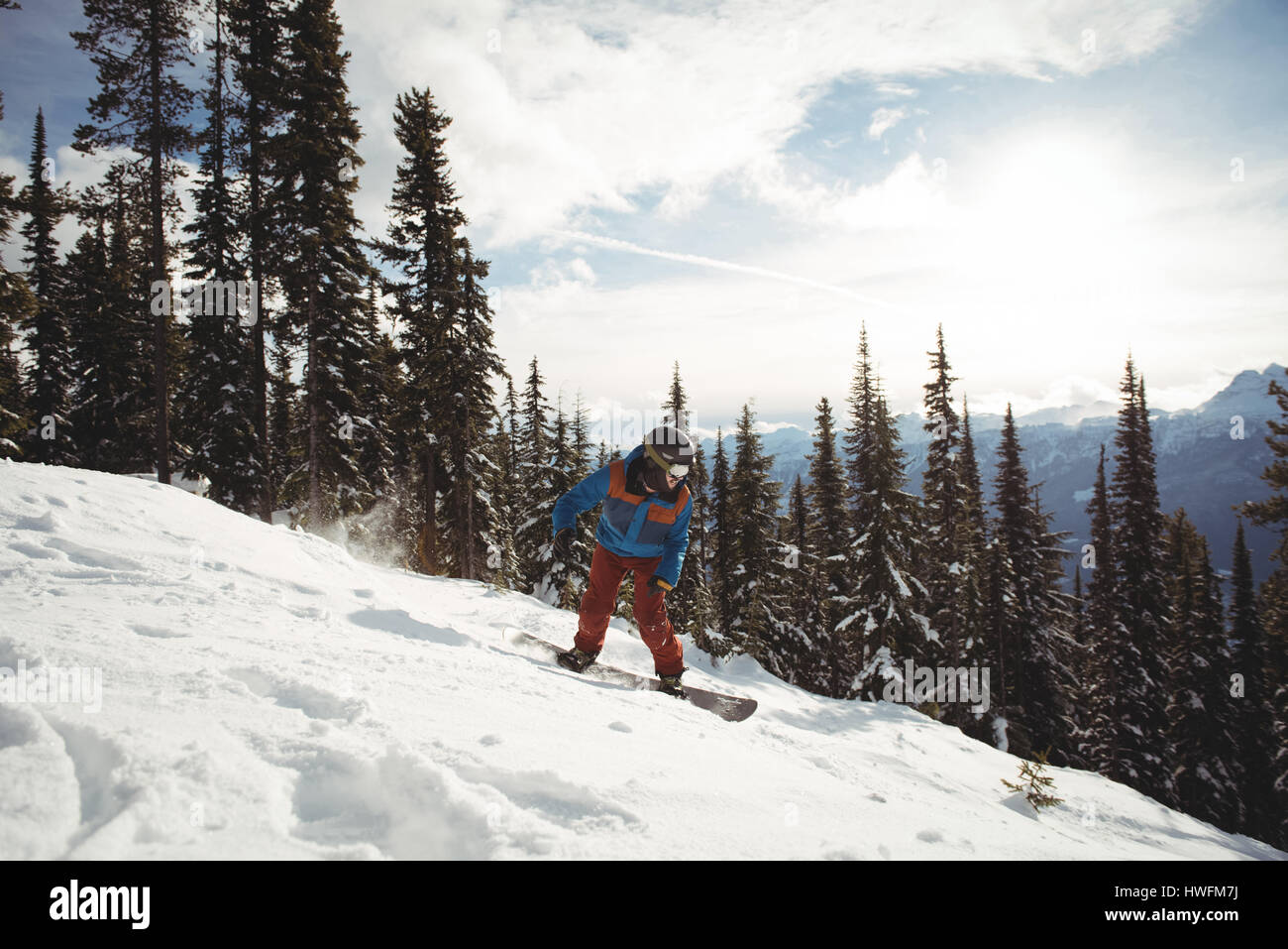 Snowboard homme sur la montagne pendant l'hiver contre des arbres Banque D'Images