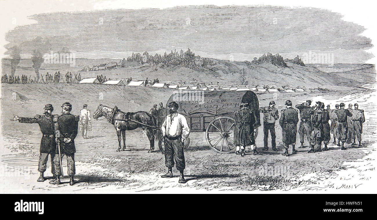 Guerre franco-prussienne. Camp français à Gravelotte, près de Metz, Saint Privat Bataille. 1870, gravure du 19e siècle Banque D'Images