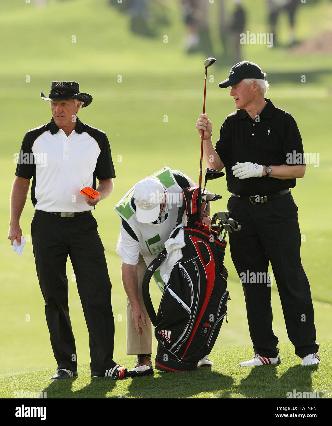 GREG NORMAN, BILL CLINTON ET L'ANCIEN GOLFEUR GOLFEUR PR ET EX PRÉSIDENT AMÉRICAIN PGA WEST PALMER COURS PRIVÉ LA QUINTA CALIF Banque D'Images