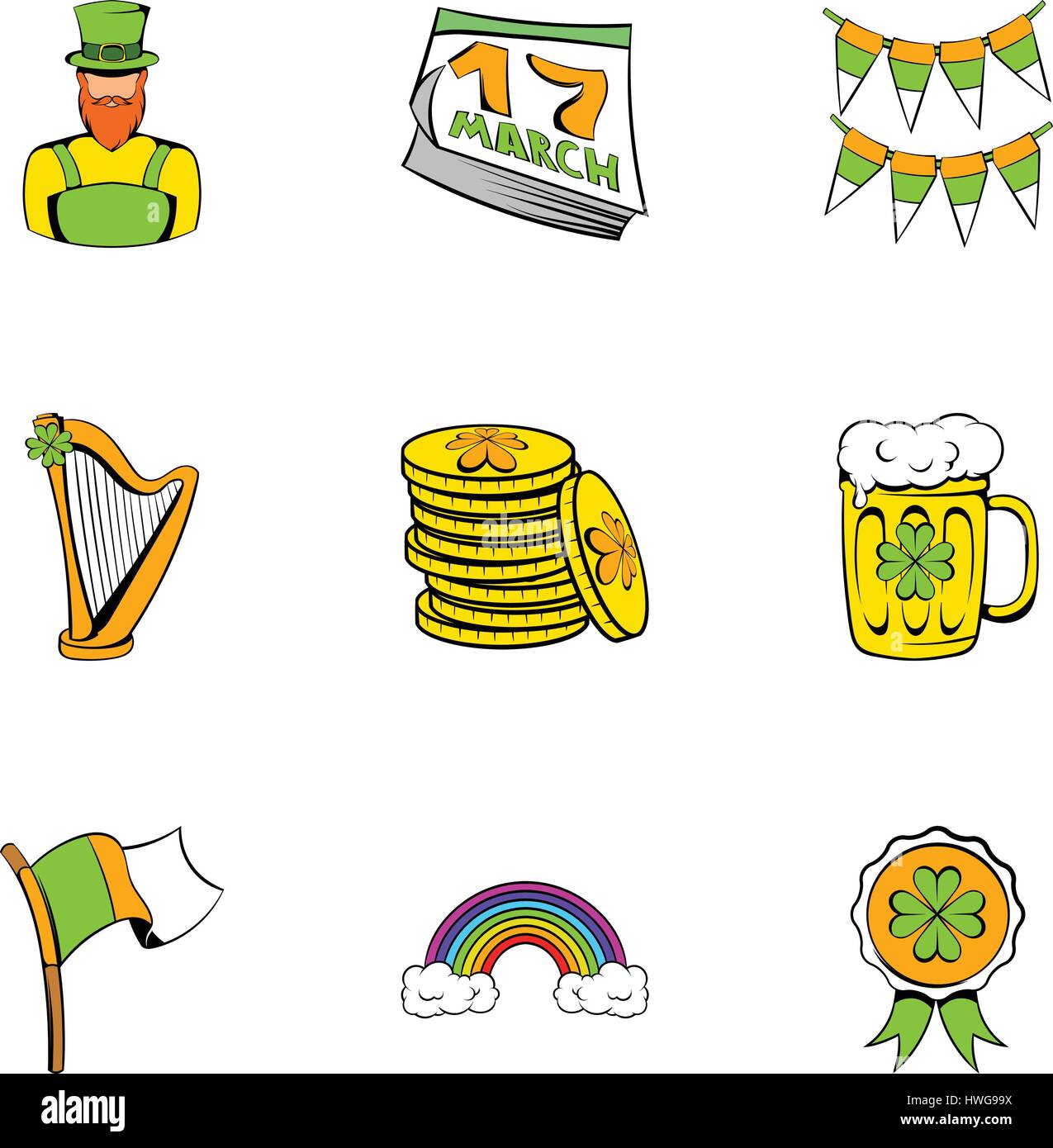 L'Irlande jour icons set, cartoon style Illustration de Vecteur