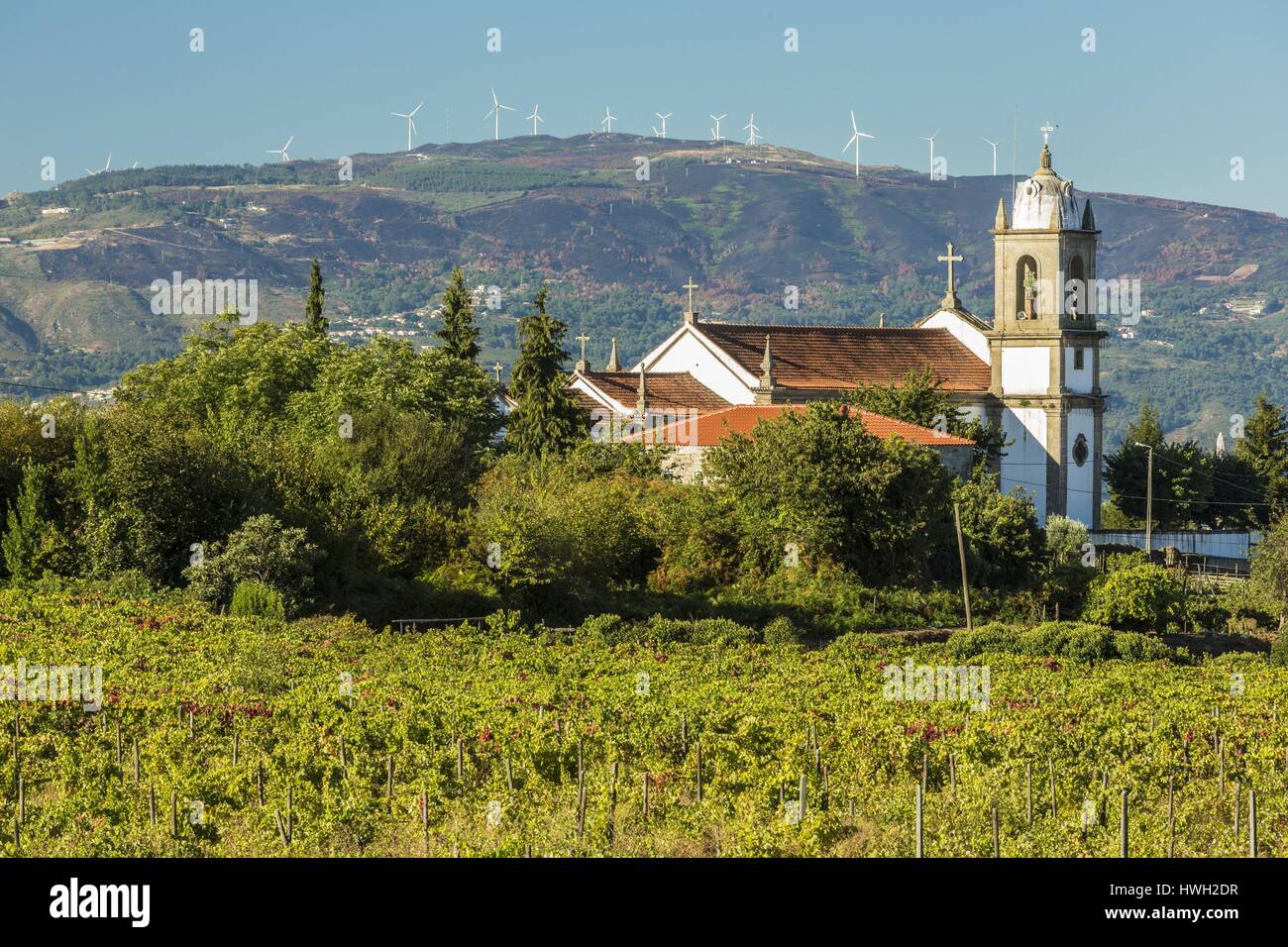 Le Portugal, la Vallée du Douro et son vignoble classé Patrimoine Mondial de l'UNESCO, Poiares, vue d'un parc éolien Banque D'Images