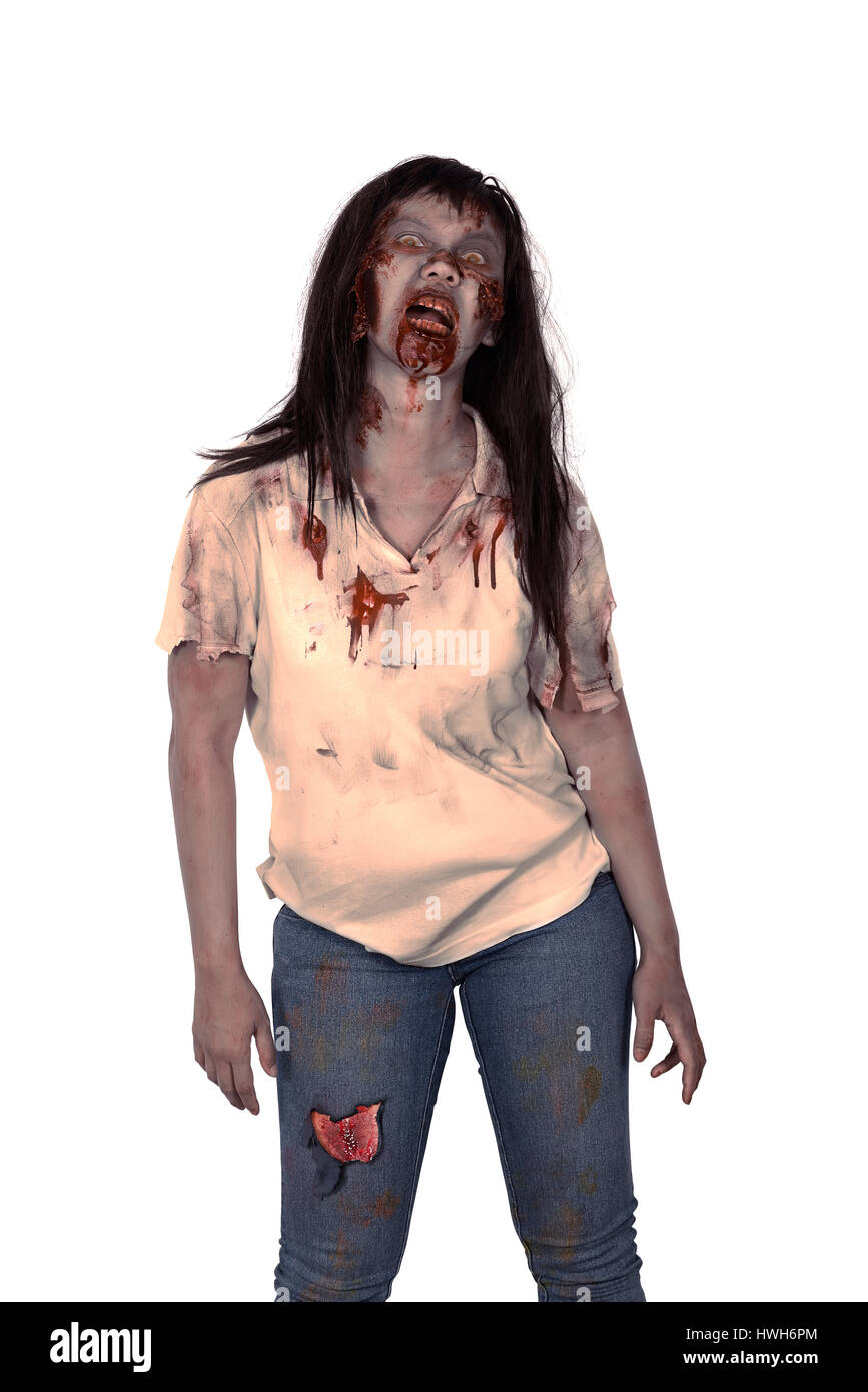 Femme Asiatique isolé sur fond blanc zombie Banque D'Images