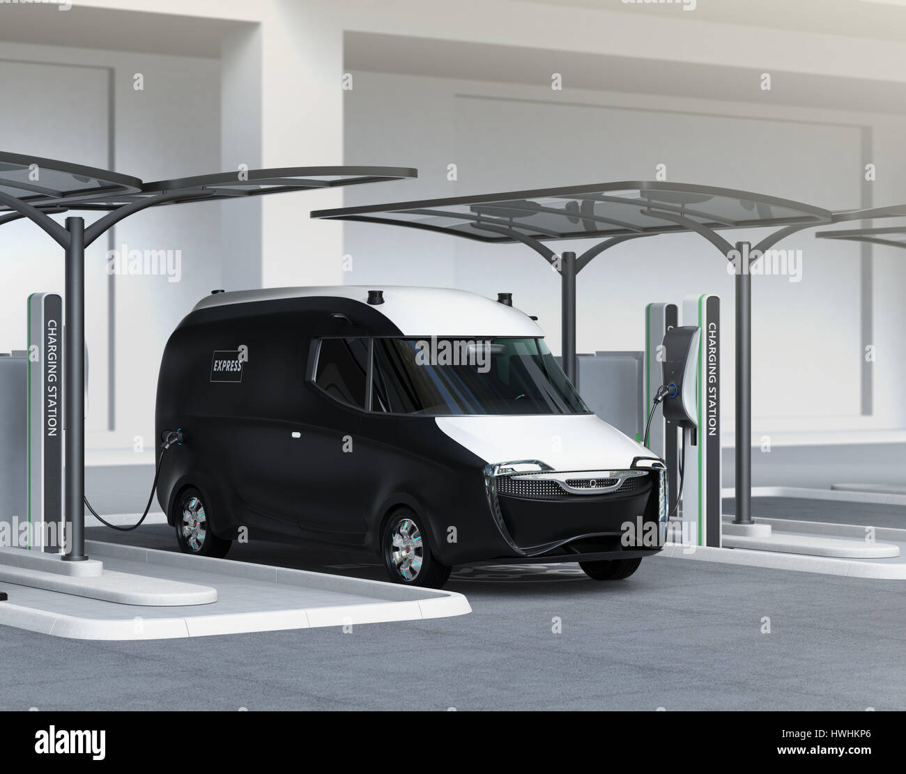 Dans la station de charge. La station de charge installé avec des panneaux solaires. Le rendu 3D image. Banque D'Images