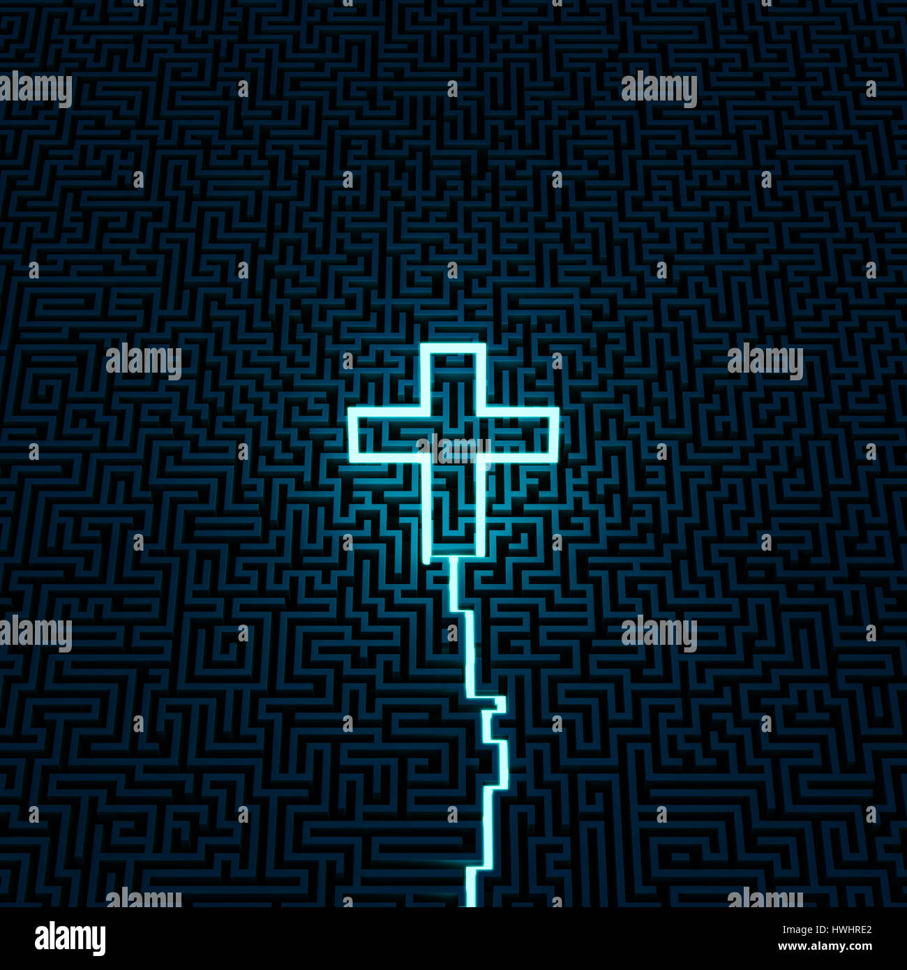 Neon cross / labyrinthe 3D illustration de néon sentier menant à centre de labyrinthe géant se terminant en croix rougeoyante Banque D'Images