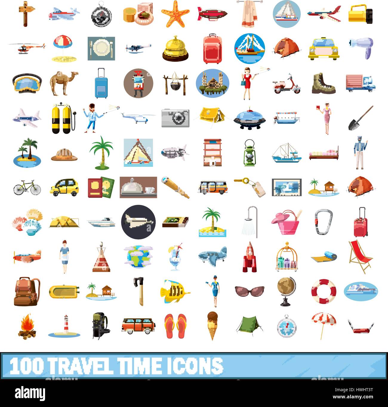 100 le temps de déplacement, cartoon style icons set Illustration de Vecteur