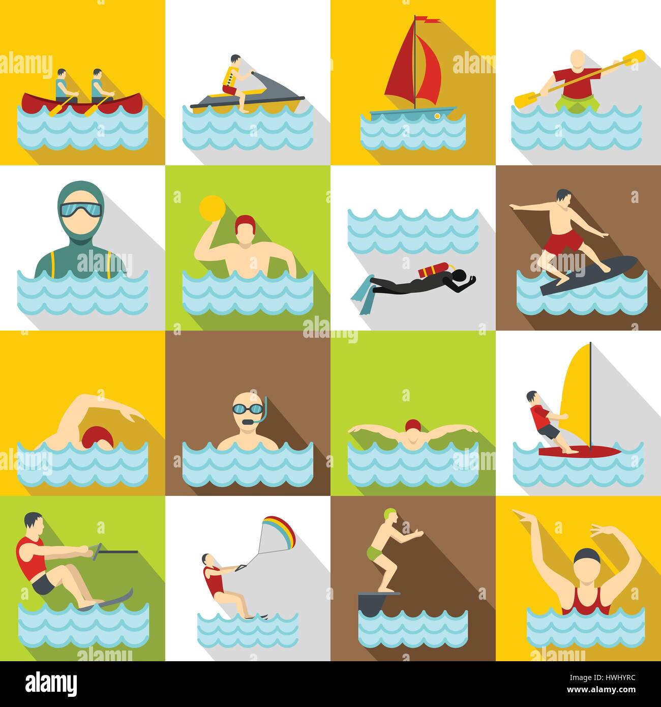 Sport icons set de l'eau, style plat Illustration de Vecteur