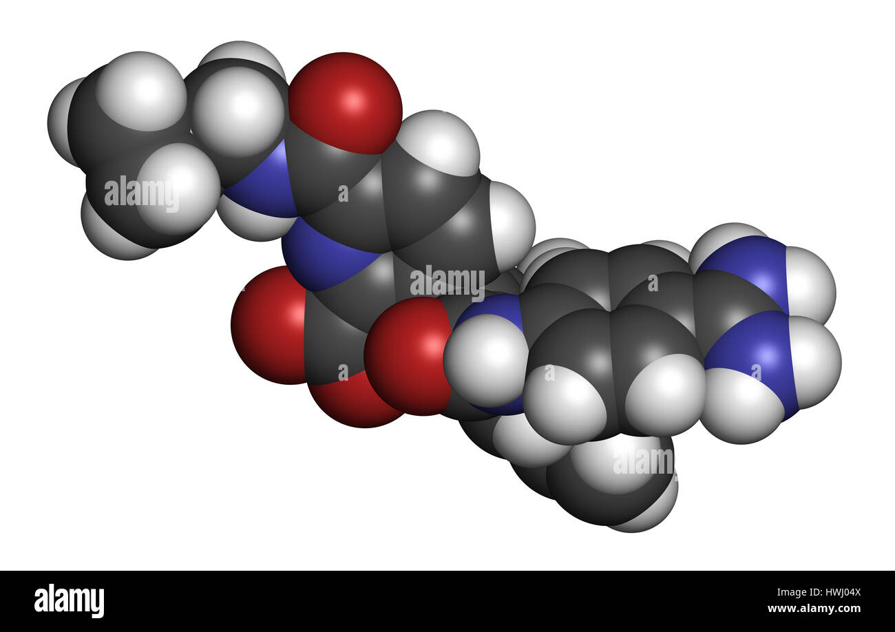 Avoralstat l'angio-œdème héréditaire (AOH) molécule pharmaceutique. Le rendu 3D. Les atomes sont représentés comme des sphères classiques avec codage couleur : blanc (hydrogène), Banque D'Images