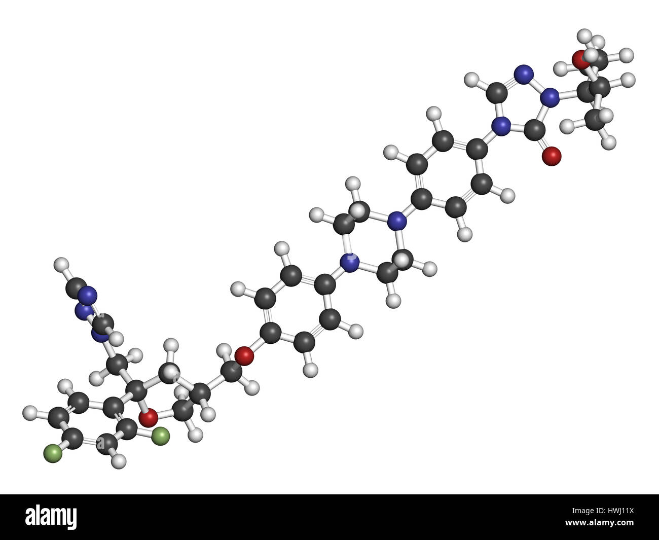 Le posaconazole molécule de médicaments antifongiques. Le rendu 3D. Les atomes sont représentés comme des sphères classiques avec codage couleur : blanc (hydrogène), carbone (gris), Banque D'Images