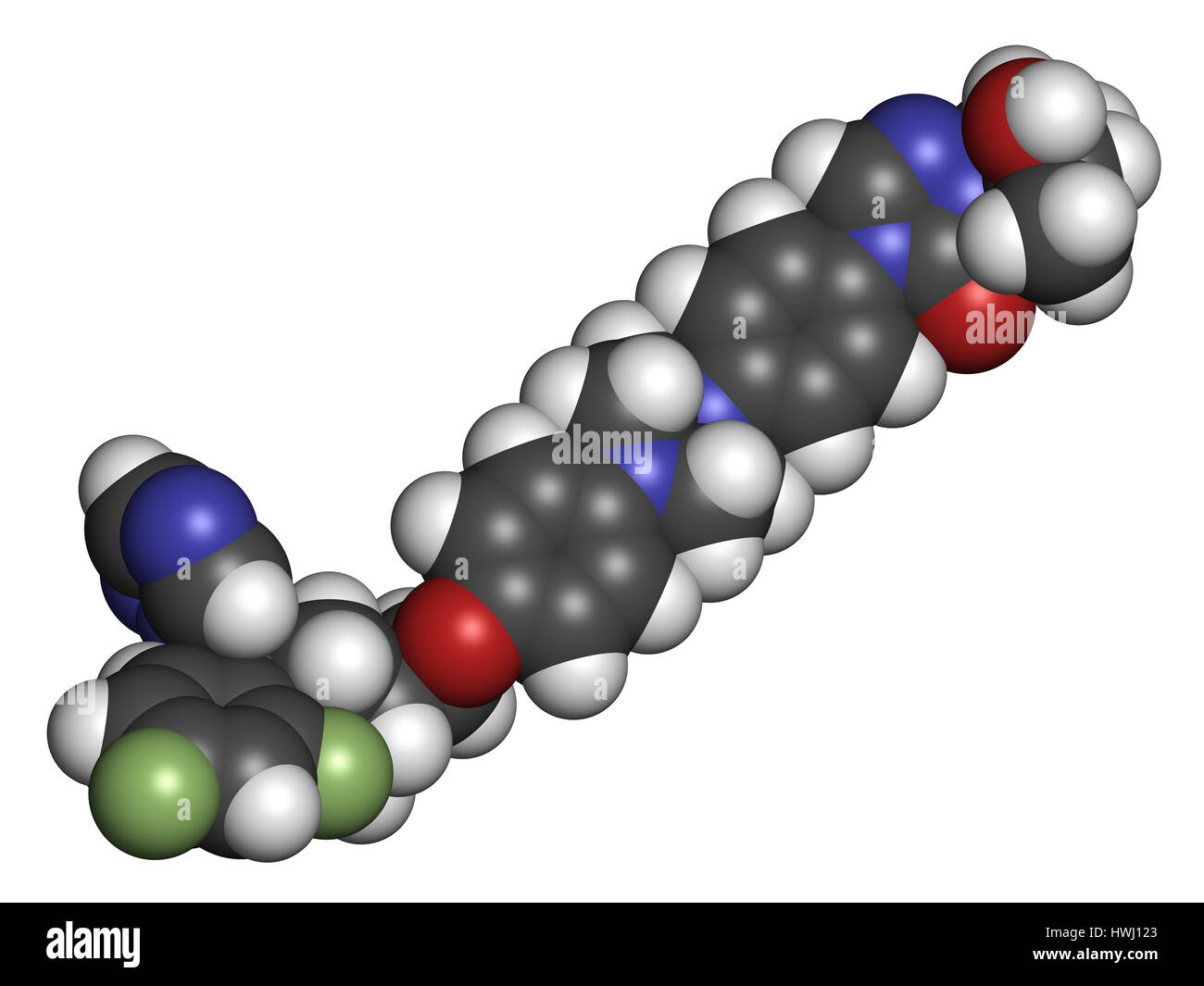 Le posaconazole molécule de médicaments antifongiques. Le rendu 3D. Les atomes sont représentés comme des sphères classiques avec codage couleur : blanc (hydrogène), carbone (gris), Banque D'Images