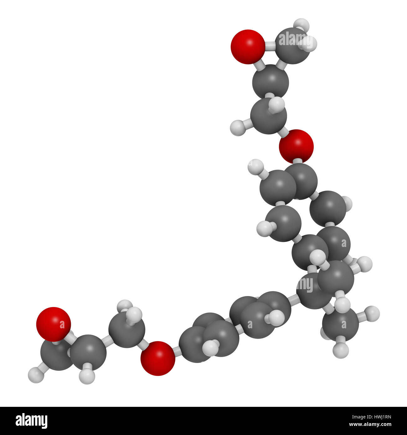 L'éther diglycidylique de bisphénol A (DGEBA) BADGE, molécule constitutive de la colle époxy. Le rendu 3D. Les atomes sont représentés comme des sphères de couleur classique c Banque D'Images