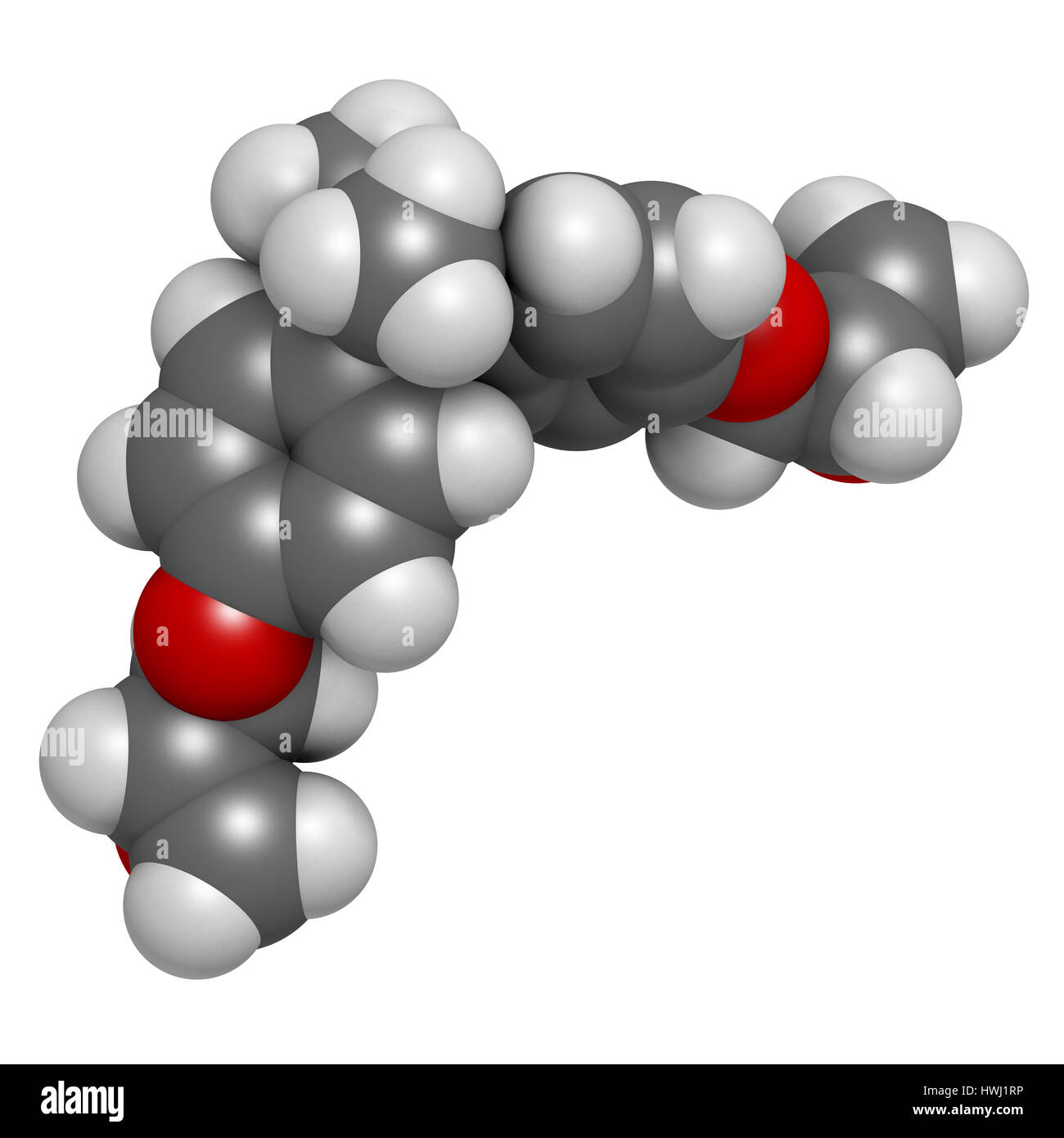 L'éther diglycidylique de bisphénol A (DGEBA) BADGE, molécule constitutive de la colle époxy. Le rendu 3D. Les atomes sont représentés comme des sphères de couleur classique c Banque D'Images
