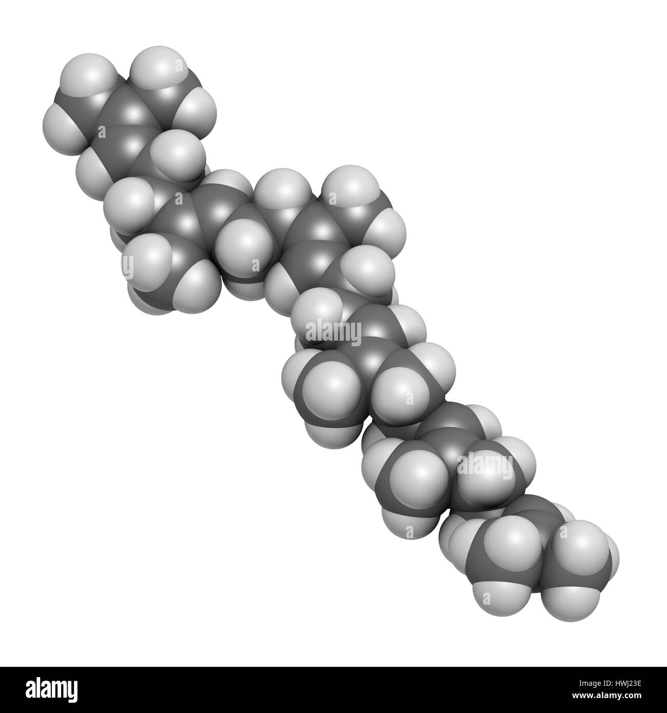 Molécule d'hydrocarbure naturel du squalène. Le rendu 3D. On trouve dans l'huile de foie de requin et nombre de sources végétales. Les atomes sont représentés comme des sphères avec conv Banque D'Images