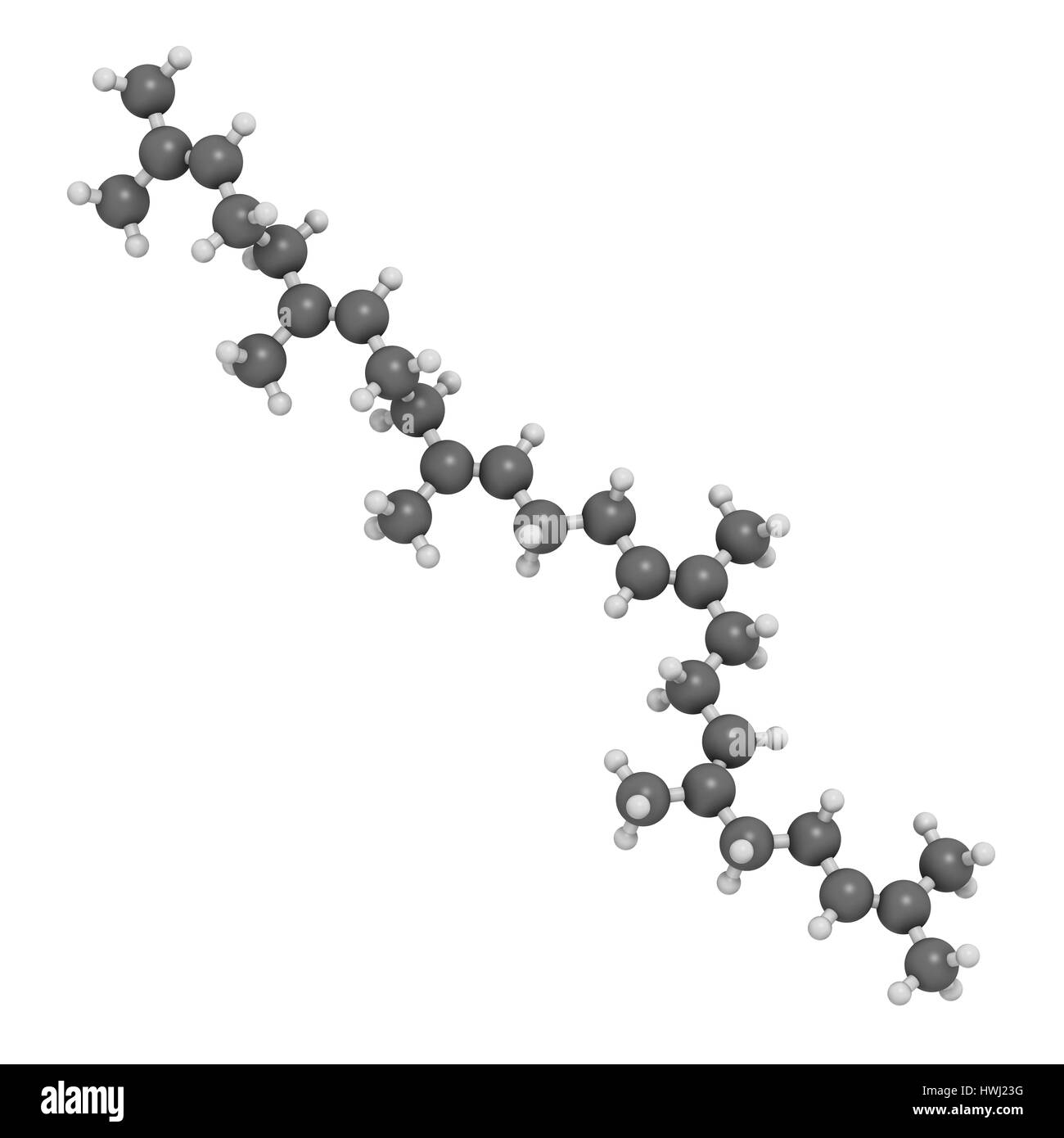 Molécule d'hydrocarbure naturel du squalène. Le rendu 3D. On trouve dans l'huile de foie de requin et nombre de sources végétales. Les atomes sont représentés comme des sphères avec conv Banque D'Images