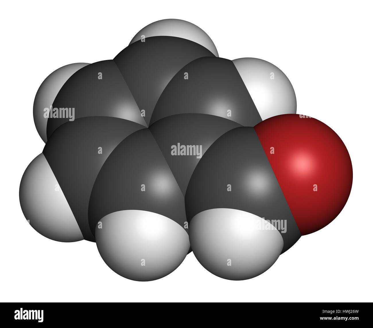 Le benzaldéhyde amande amère molécule d'odeur. Le rendu 3D. Les atomes sont représentés comme des sphères classiques avec codage couleur : blanc (hydrogène), carbone (gre Banque D'Images