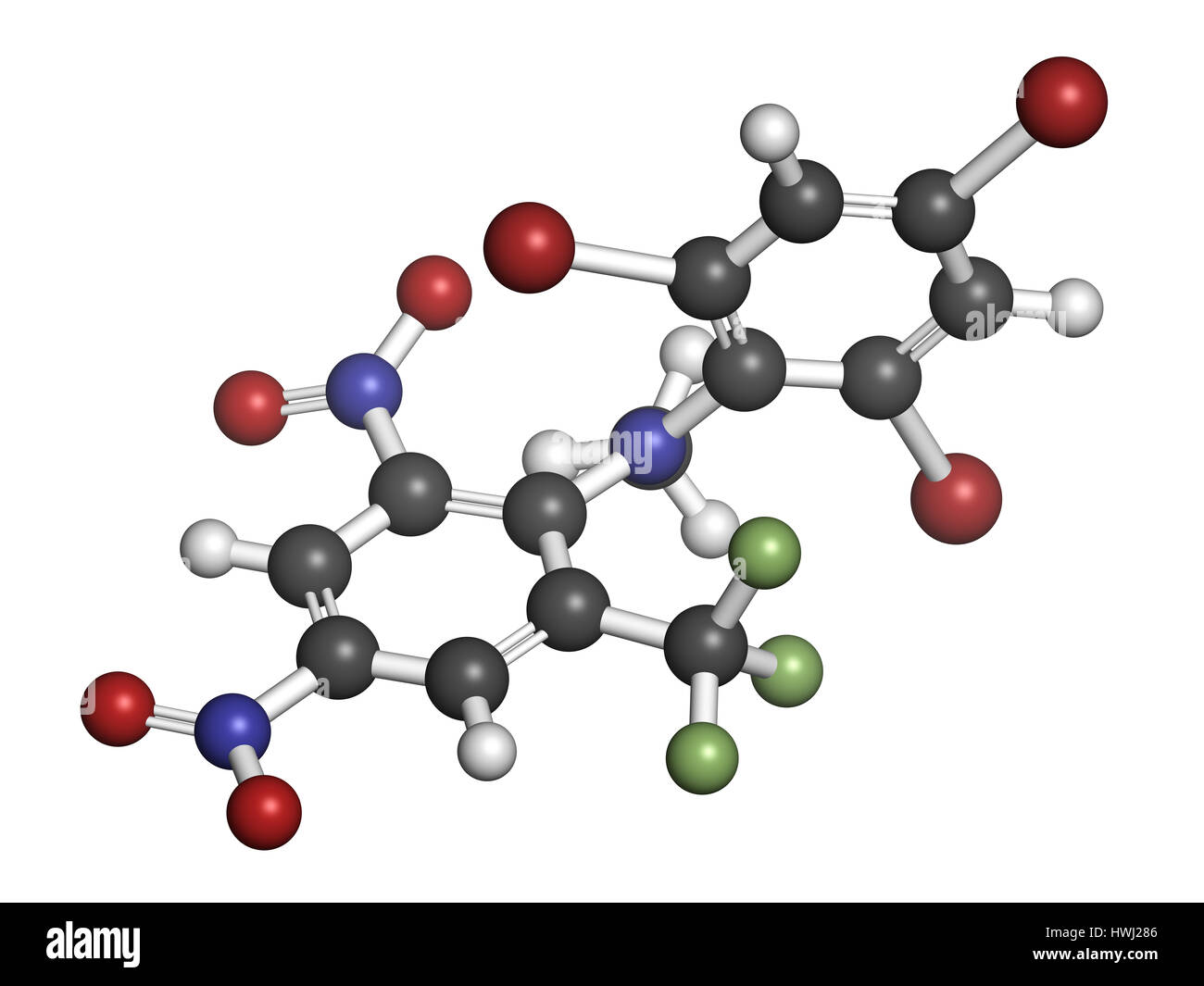 Rodenticide Bromethalin (molécule-aux-rats). Le rendu 3D. Les atomes sont représentés comme des sphères classiques avec codage couleur : blanc (hydrogène), carbone Banque D'Images