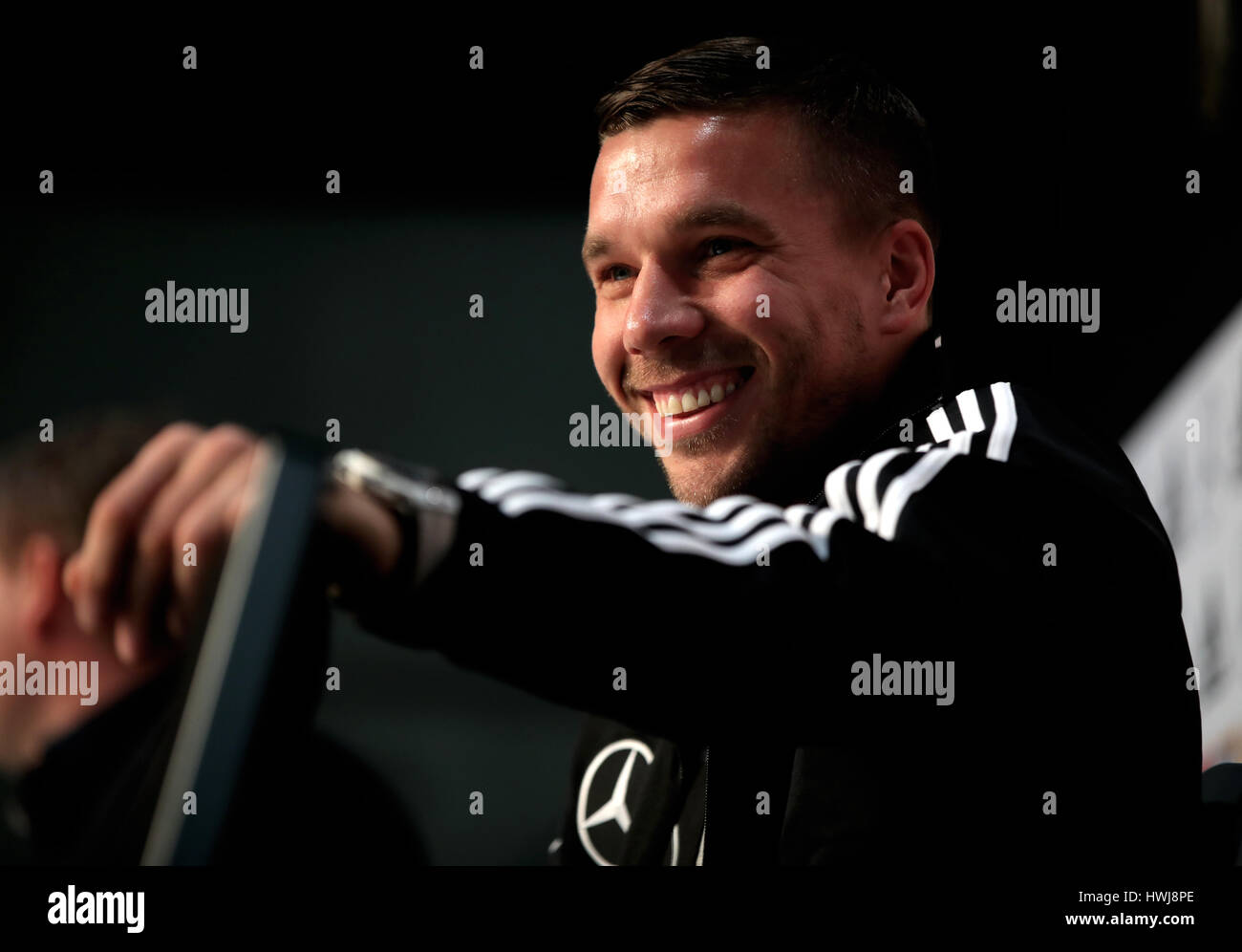 Lukas Podolski en Allemagne lors d'une conférence de presse au DFB football Museum, Dortmund en Allemagne. Banque D'Images