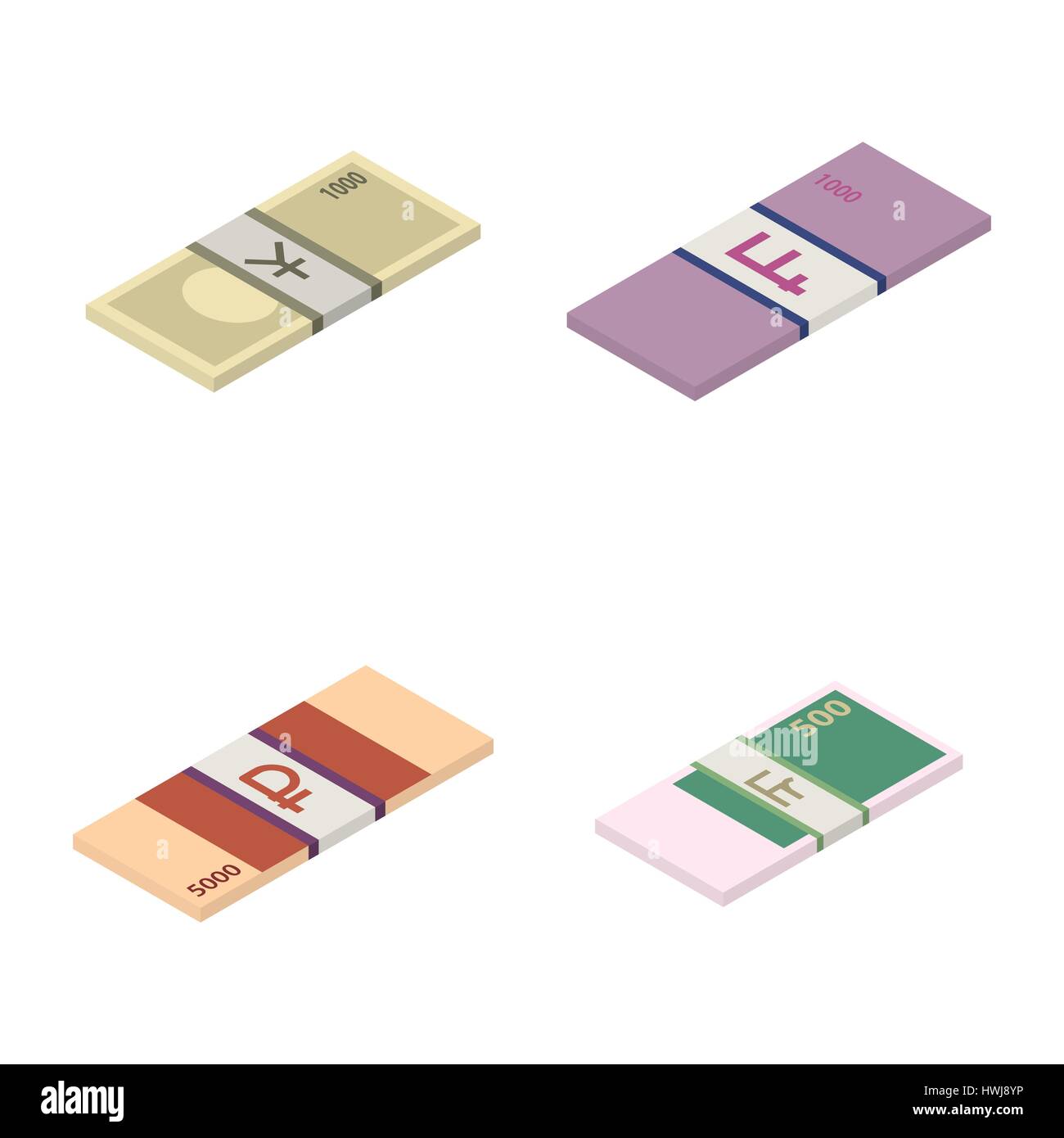 Définir la pile de papier monnaie monnaies, isolé sur un fond blanc. Rouble Symboles, yen, franc suisse et les Français. Style isométrique, vector Illustration de Vecteur