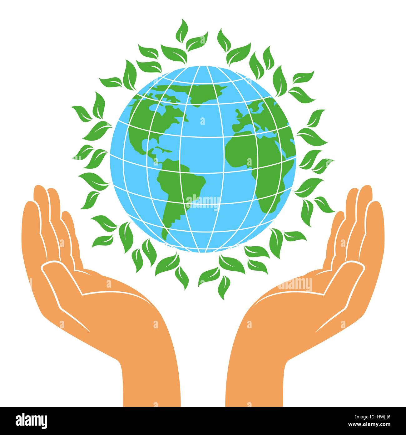 Planète avec des plantes vertes dans la main de l'homme, le jour de la Terre, concept vector illustration stylisée sur le fond blanc Illustration de Vecteur