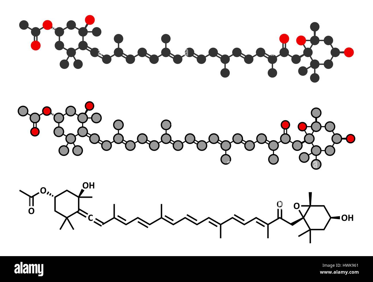 La fucoxanthine algues brunes, molécule de pigment. Les rendus 2D stylisée et conventionnelle formule topologique. Certains des ingrédients de suppléments alimentaires. Illustration de Vecteur