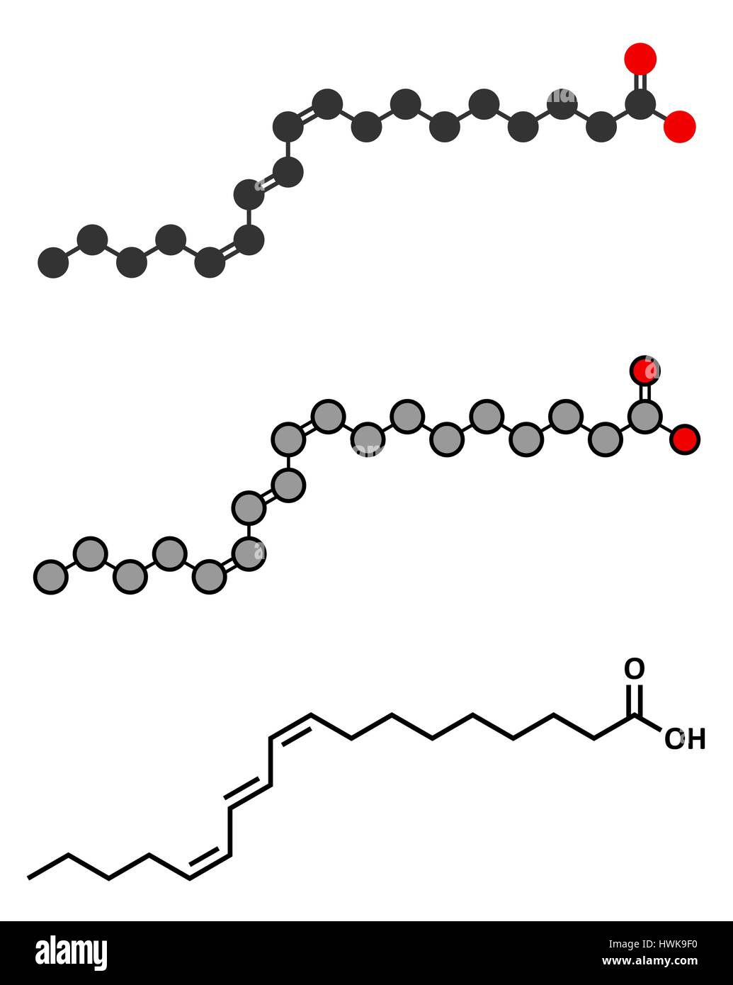 Punicic trichosanic acide (acide) molécule. Les rendus 2D stylisée et conventionnelle formule topologique. L'acide gras présent dans la région de grenadier (Punica granatum Illustration de Vecteur