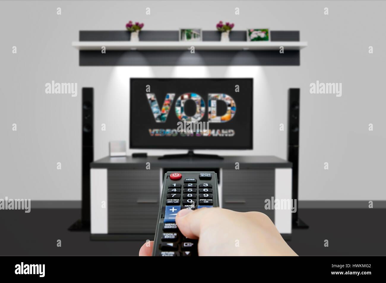 VOD vidéo à la demande de service dans la télévision. Regarder la télévision accueil cinéma télé HD Concept Banque D'Images