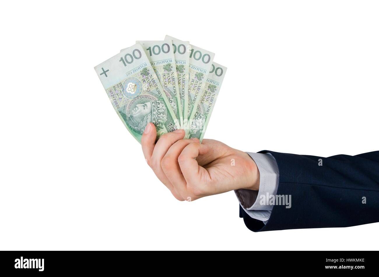 Gamme de billets polonais dans la main. d'origine polonaise pln zloty monnaie main concept finances isolés Banque D'Images