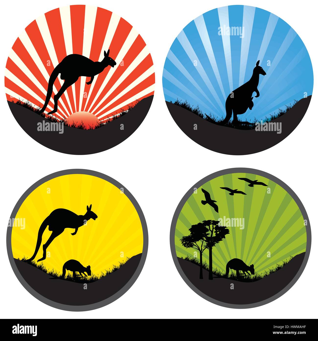 Quatre icônes rond avec rayons x et kangaaroos Illustration de Vecteur