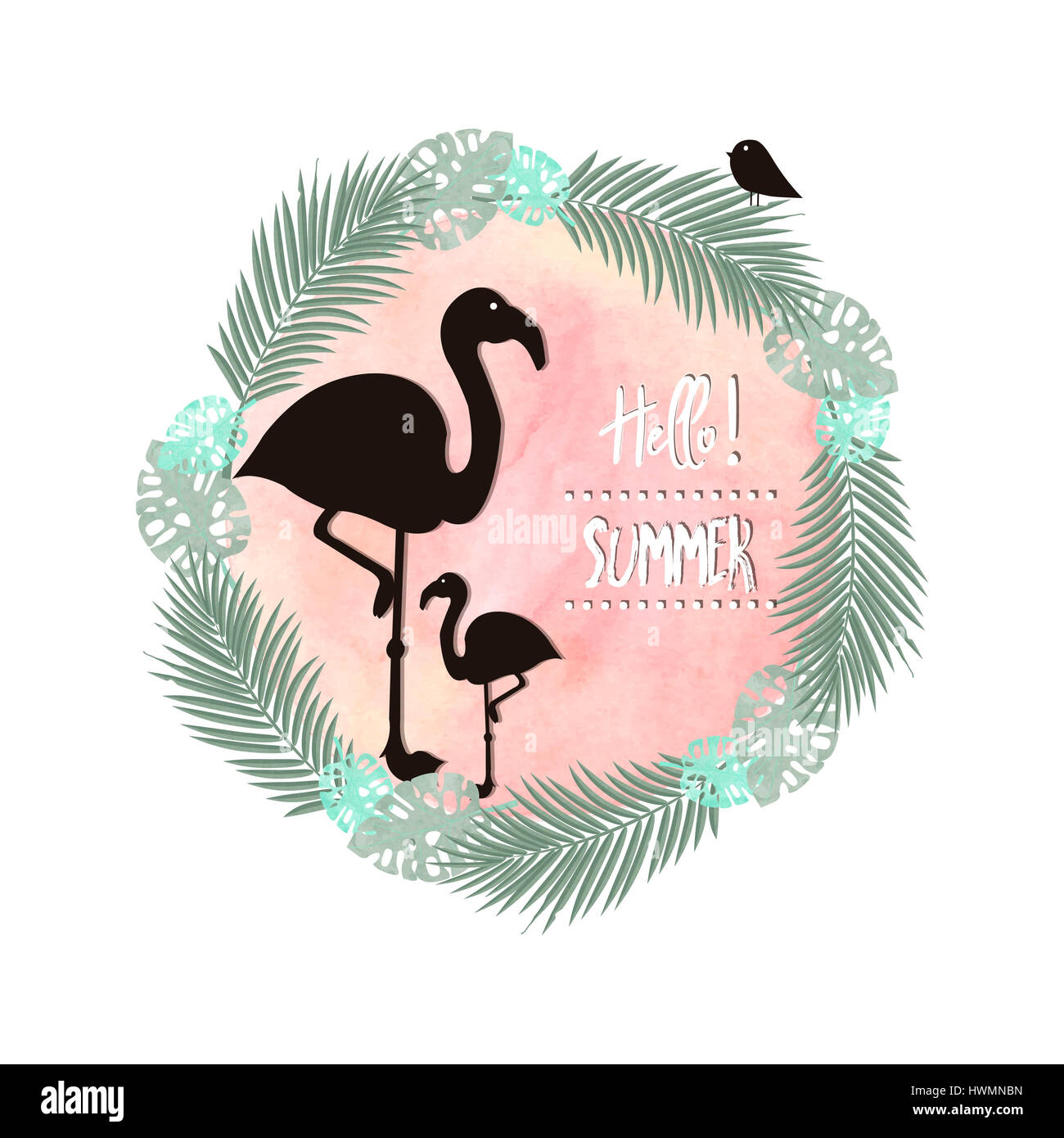 Composition d'été avec des éléments tropicaux : flamants roses, feuilles tropicales et aquarelle arrière-plan. Banque D'Images