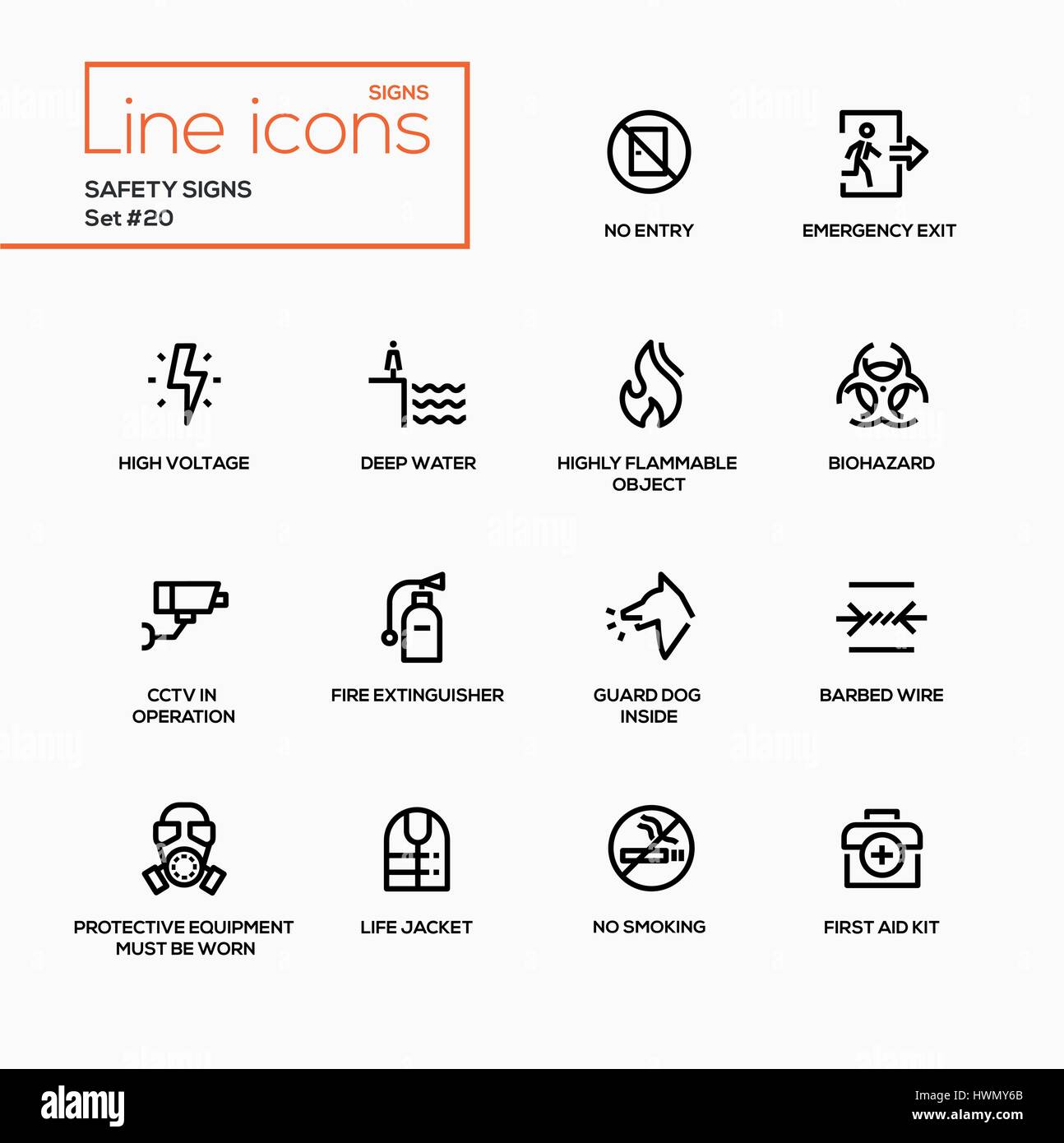 Les panneaux de sécurité - vecteur moderne seule ligne icons set Illustration de Vecteur