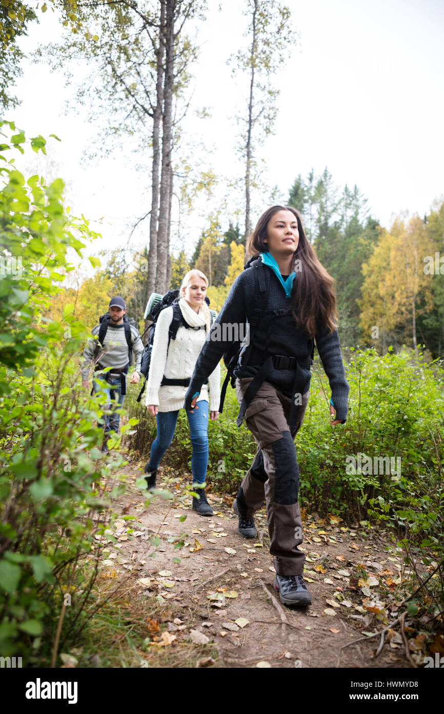 Female Hiker With marche sur piste forestière Banque D'Images