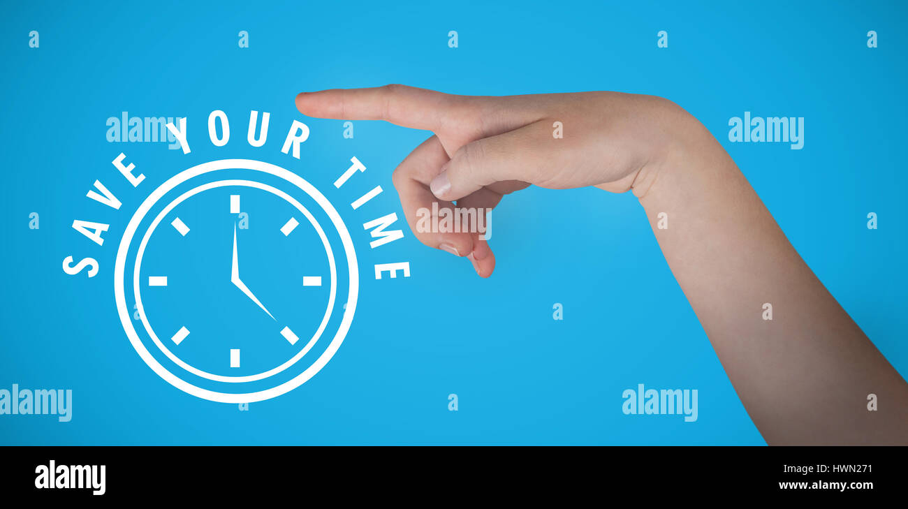 Close-up of cropped hand pointing contre 3d bleu Banque D'Images