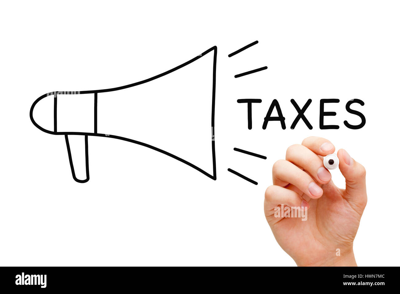 Dessin à la main concept avec mégaphone Impôts sur le marqueur de sélection. Essuyer transparent Banque D'Images