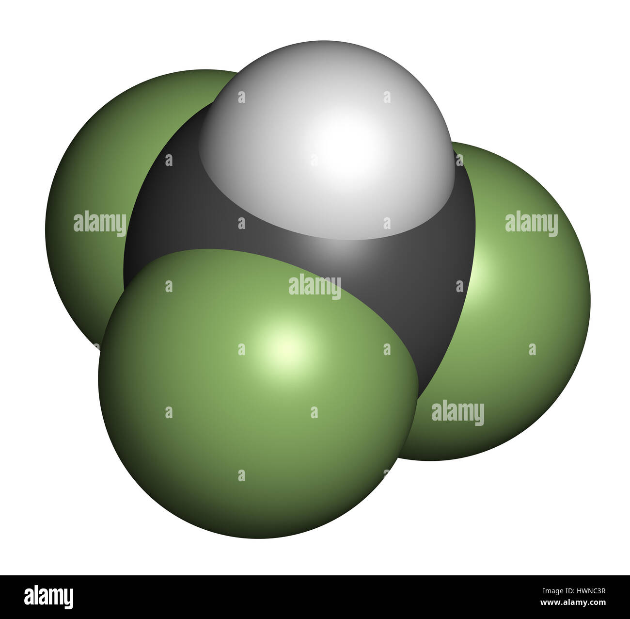 Le fluoroforme les émissions de gaz à effet de molécule. Le rendu 3D. Les atomes sont représentés comme des sphères classiques avec codage couleur : blanc (hydrogène), carbone (gris), fl Banque D'Images