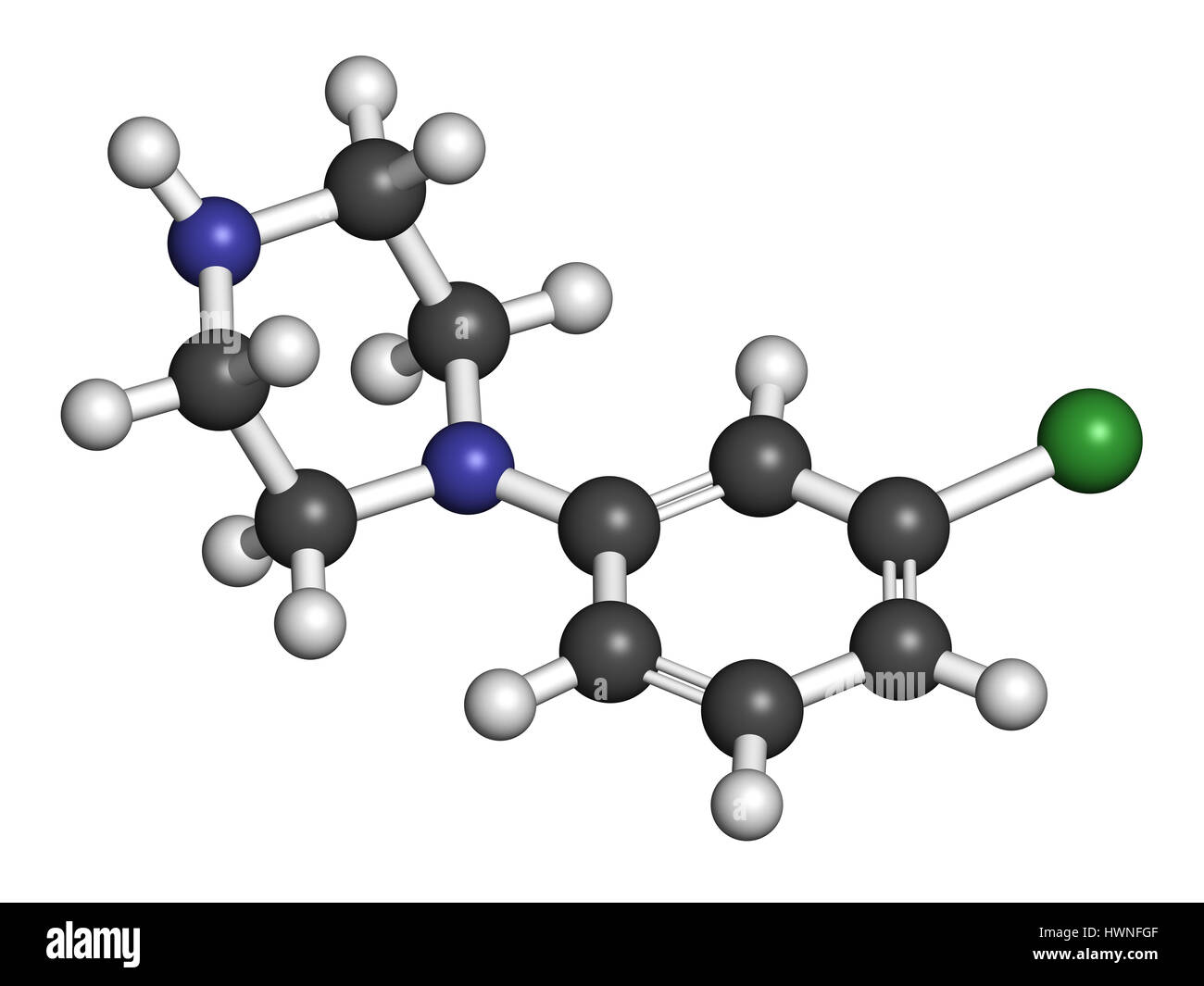 Méta-chlorophenylpiperazine (mCPP) molécule psychotrope. Le rendu 3D. Les atomes sont représentés comme des sphères avec codage couleur classiques : l'hydrogène Banque D'Images