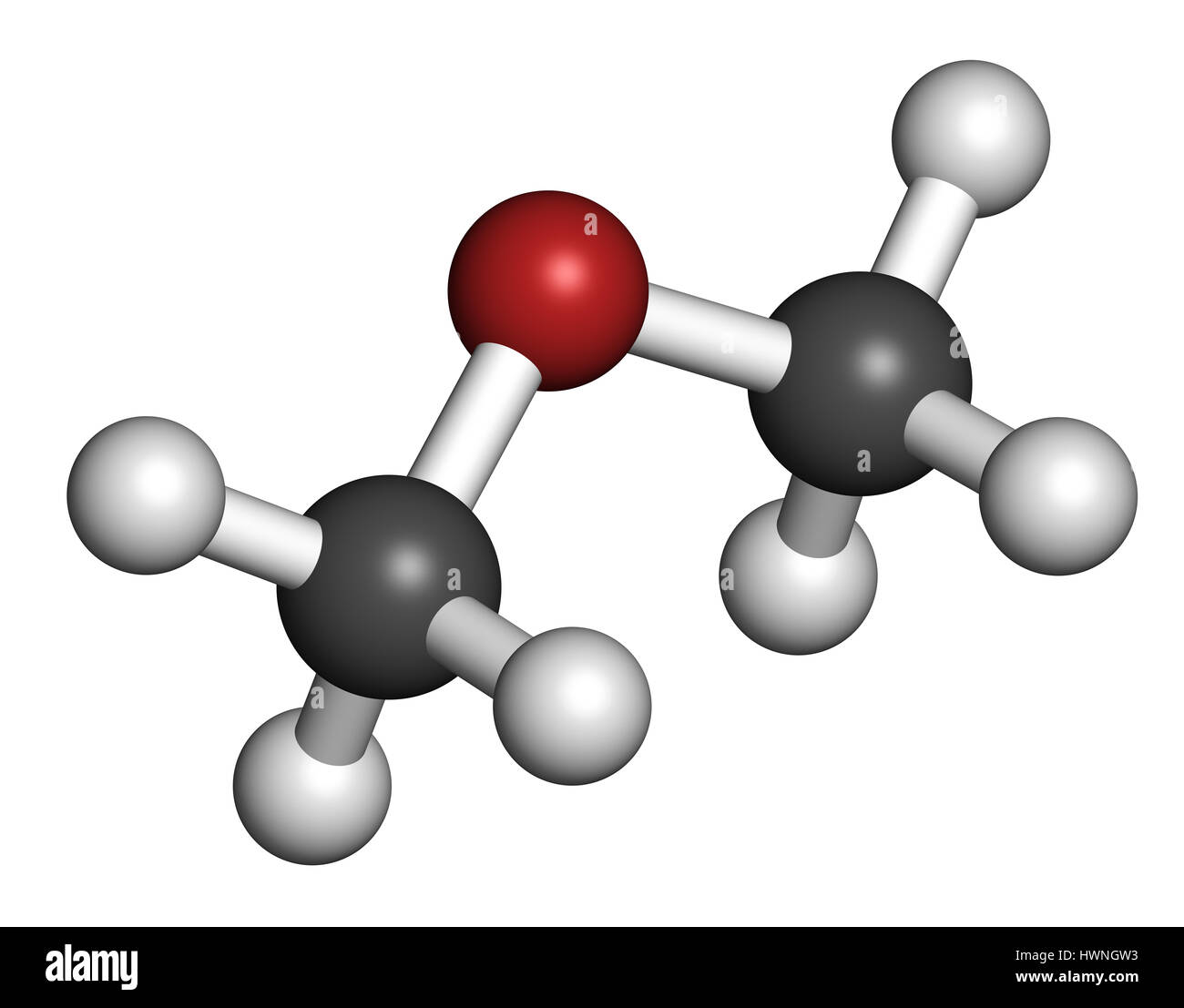 Le diméthyléther (DME) methoxymethane, molécule. Le rendu 3D. Les atomes sont représentés comme des sphères classiques avec codage couleur : blanc (hydrogène), carbone Banque D'Images