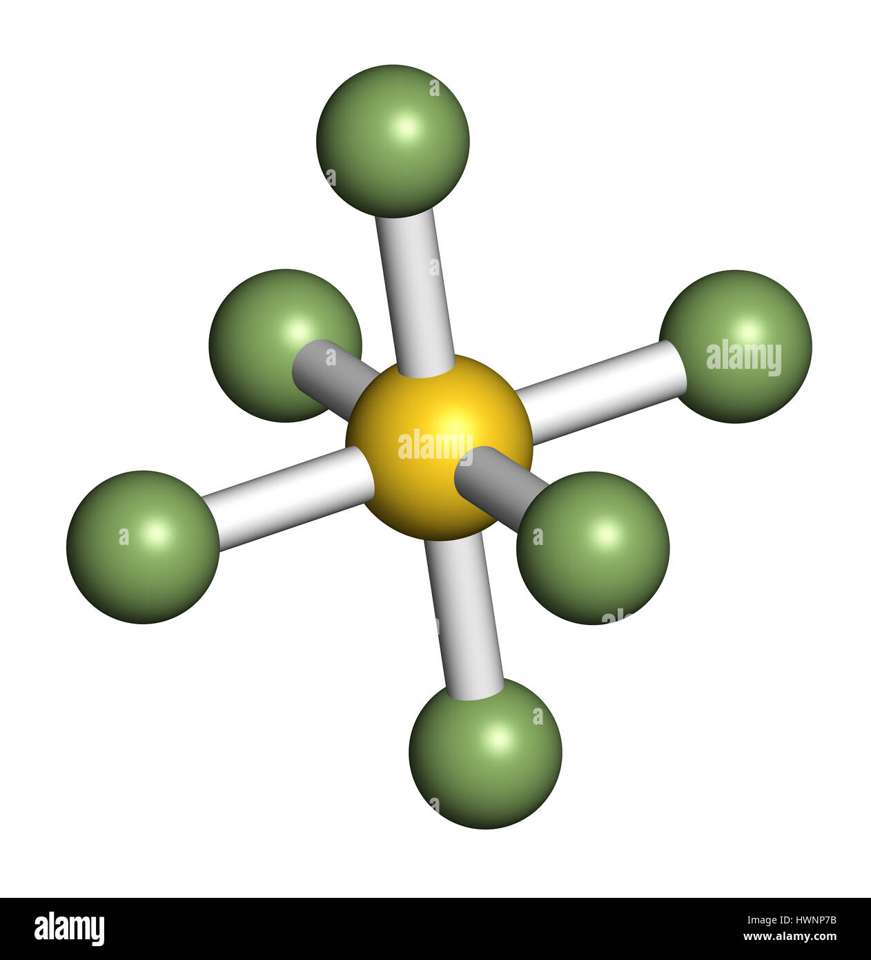 Hexafluorure de soufre isolant gaz molécule. Des microbulles sont utilisés comme agent de contraste pour échographie. Puissant gaz à effet de serre. Le rendu 3D. Les atomes Banque D'Images