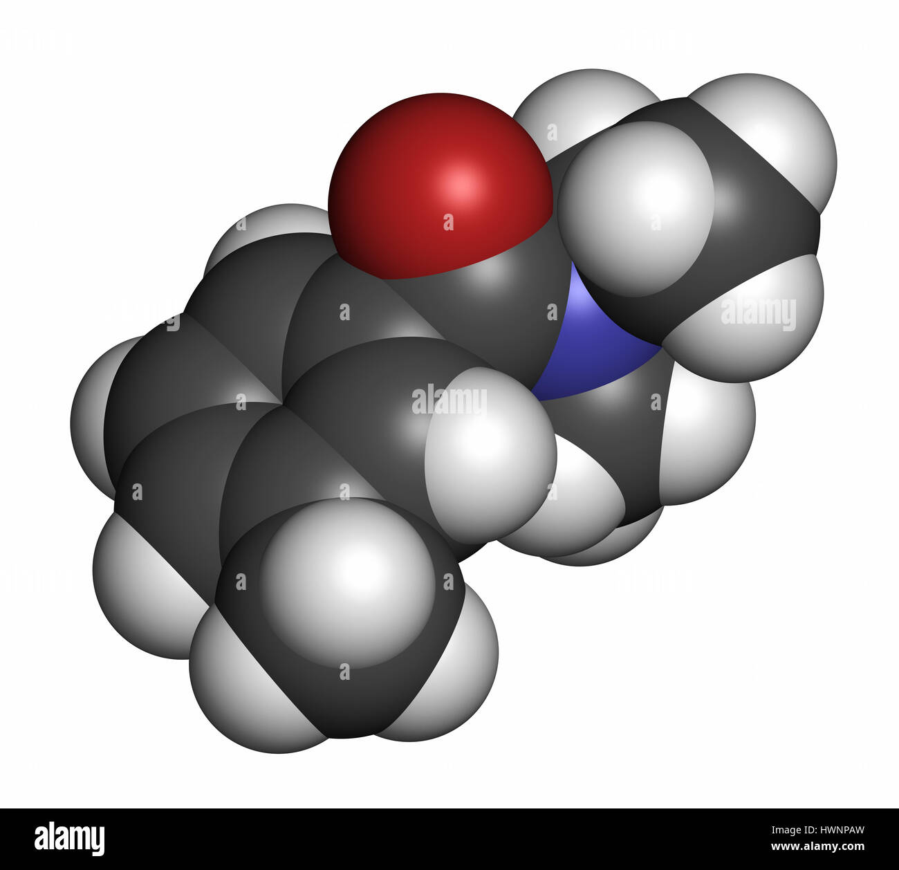 Du diéthyltoluamide (DEET, N,N-diéthyl-méta-toluamide) insectifuge molécule. Le rendu 3D. Les atomes sont représentés comme des sphères de couleur classiques Banque D'Images