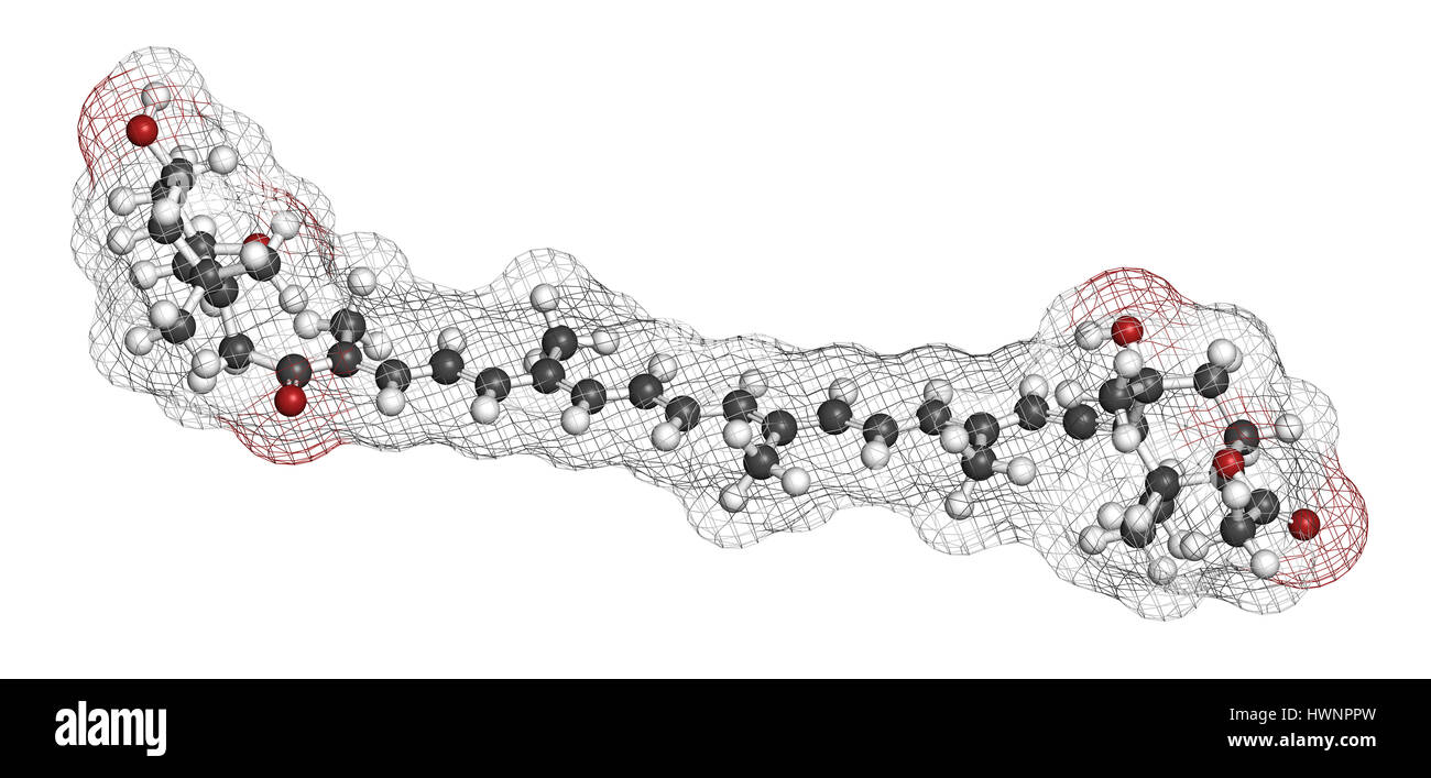 La fucoxanthine algues brunes, molécule de pigment. Certains des ingrédients de suppléments alimentaires. Le rendu 3D. Les atomes sont représentés comme des sphères avec col classique Banque D'Images